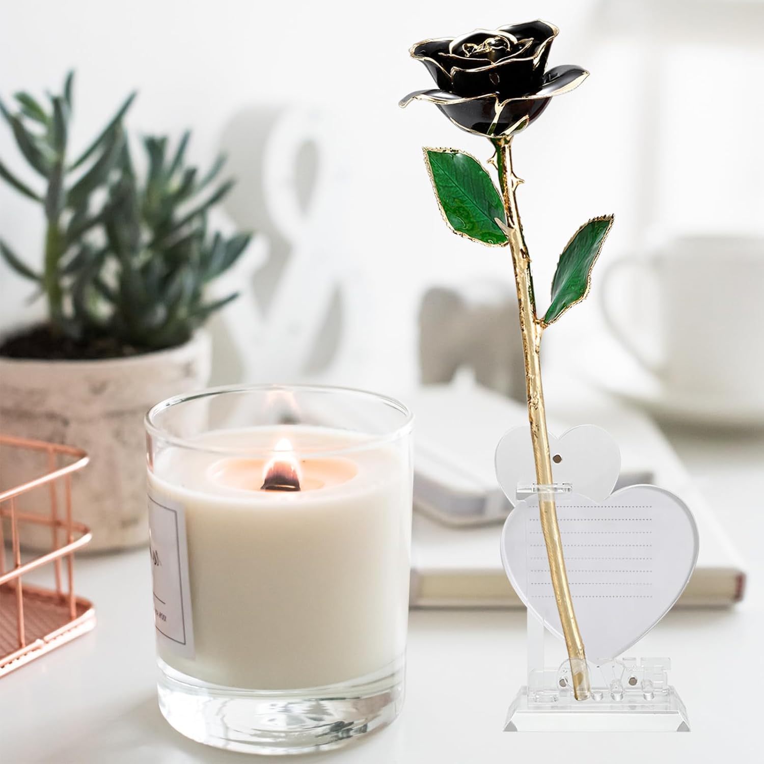 MUEAST 24K Gold Dipped Real Rose, Gold Dipped Rose Made from Real Rose Best Gifts for Anniversary Valentines Mothers Day Birthday Gifts, (Black with Love Stand)
