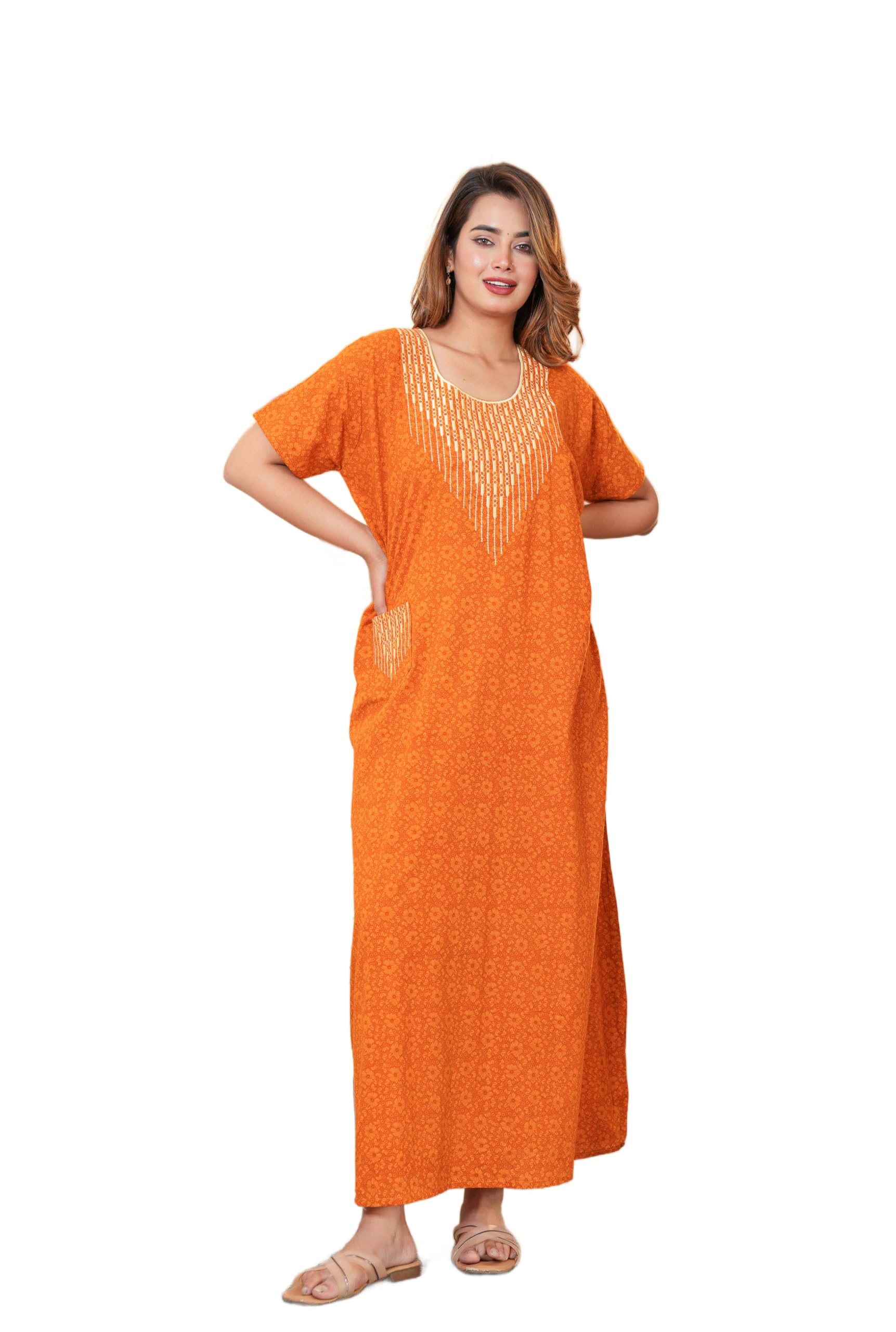 Pure Cotton Embroidered Night Gown for Women | Nighty | Maxi Gown | Nightdress | Sleepwear | Comfort wear Nighty-image-45