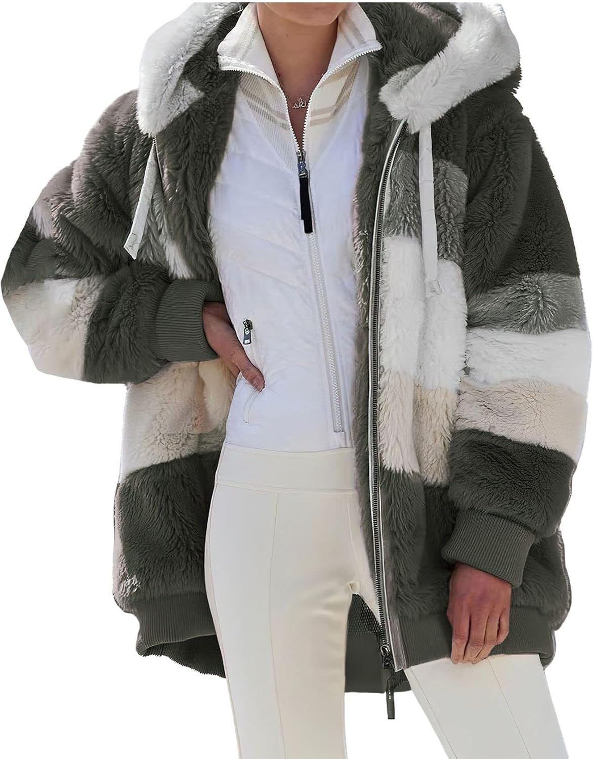 Zaswen Womens Long Sleeve Furry Faux Fleece Hooded Sherpa Jackets Full Zip Up Contrasting Thick Plush Coats with Pockets - Image 2