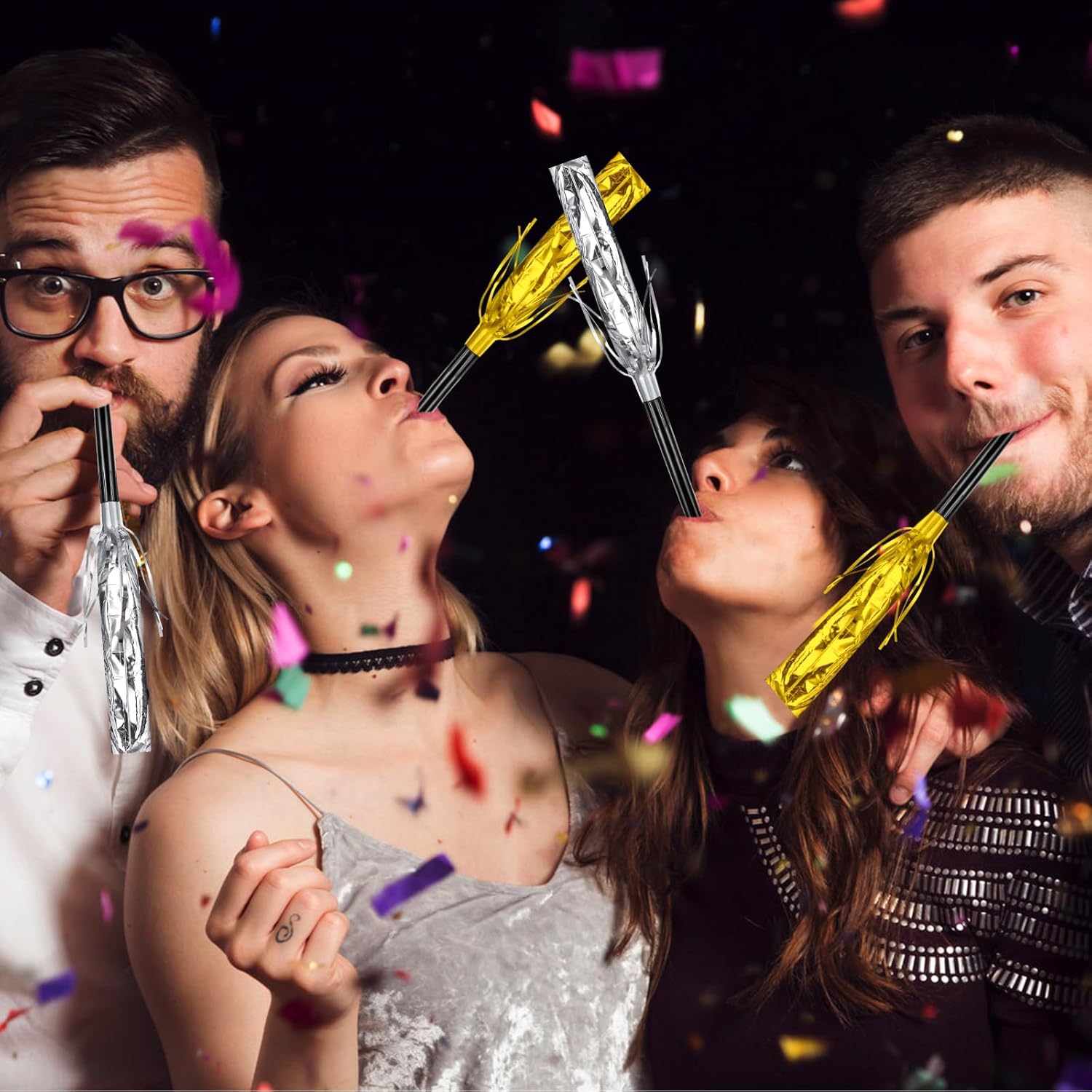 48Pcs Happy New Year Noise Makers, Gold and Silver Metallic Fringed Party Blowers New Years Noisemakers Blowouts Whistles for Birthday Baby Shower Christmas New Years Eve Party Supplies