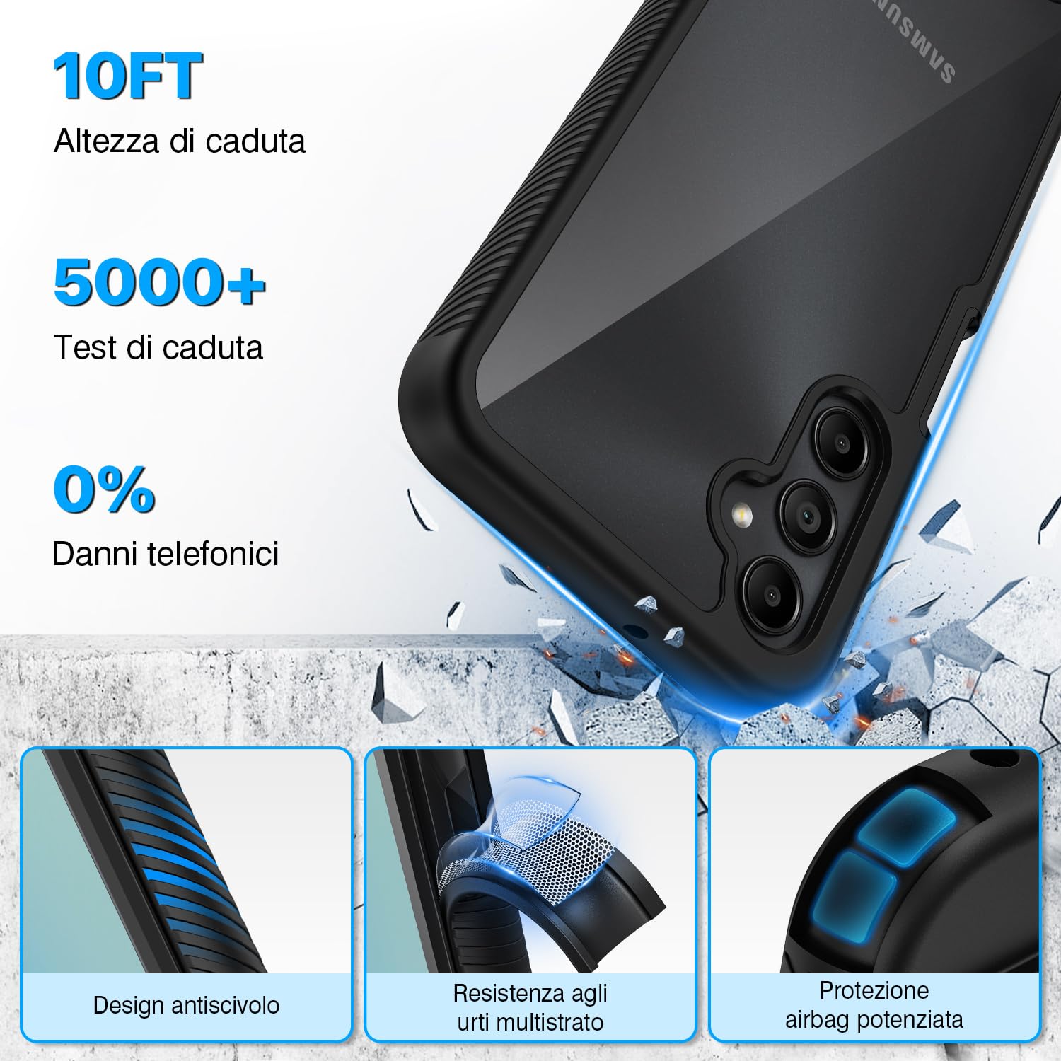 CENHUFO Cover Samsung A05s, Custodia Samsung A05s Antiurto 360 Gradi con Protezione Schermo Integrata Rugged Trasparente Case Doppia Faccia Bumper Fronte Retro Cover per Samsung Galaxy A05s -Nero