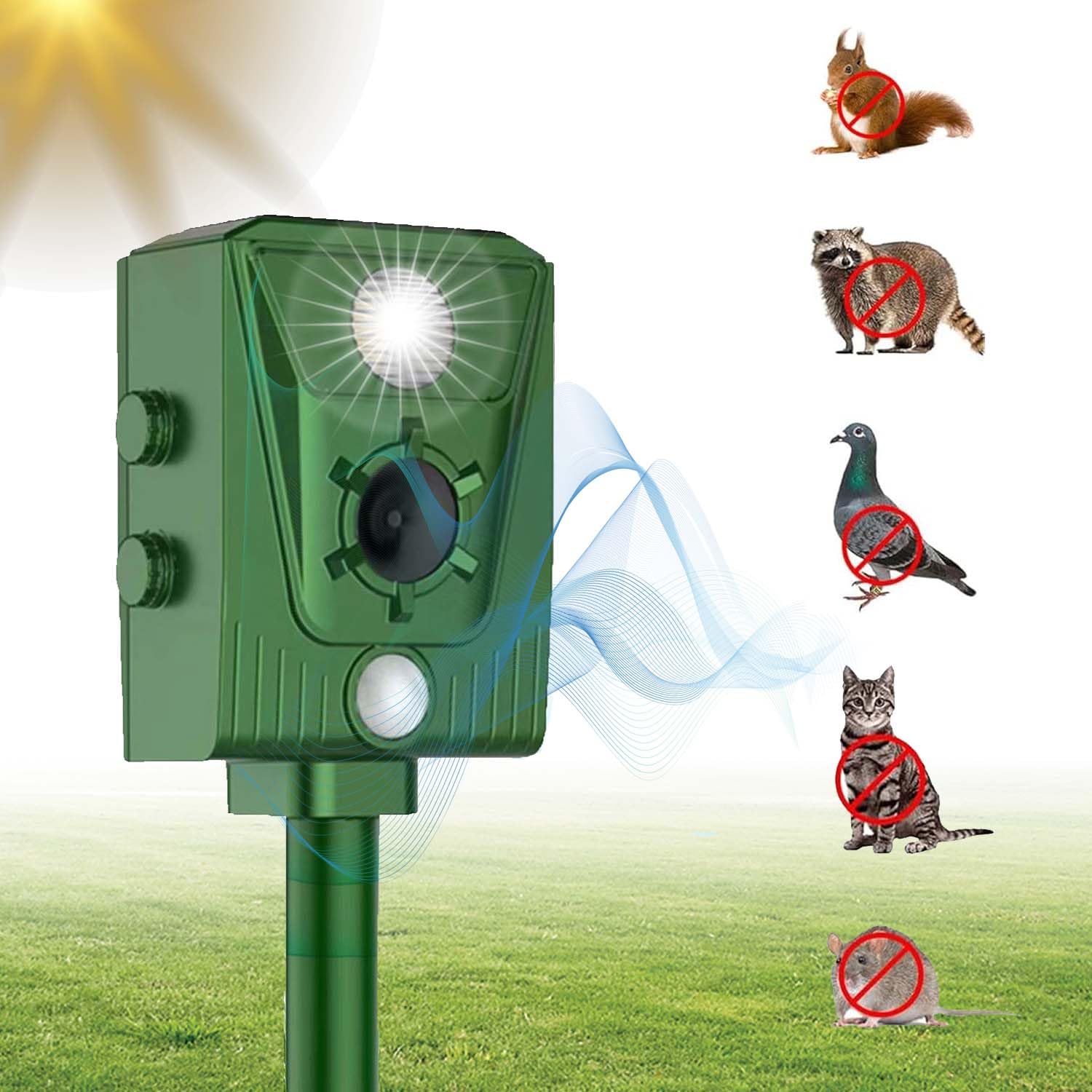 Repelente de gatos, palomas ultrasónico externo, repelente ultrasónico de energía solar IP66 impermeable de frecuencia ajustable para ahuyentar animales, 5 modos ajustables, repelente de animales