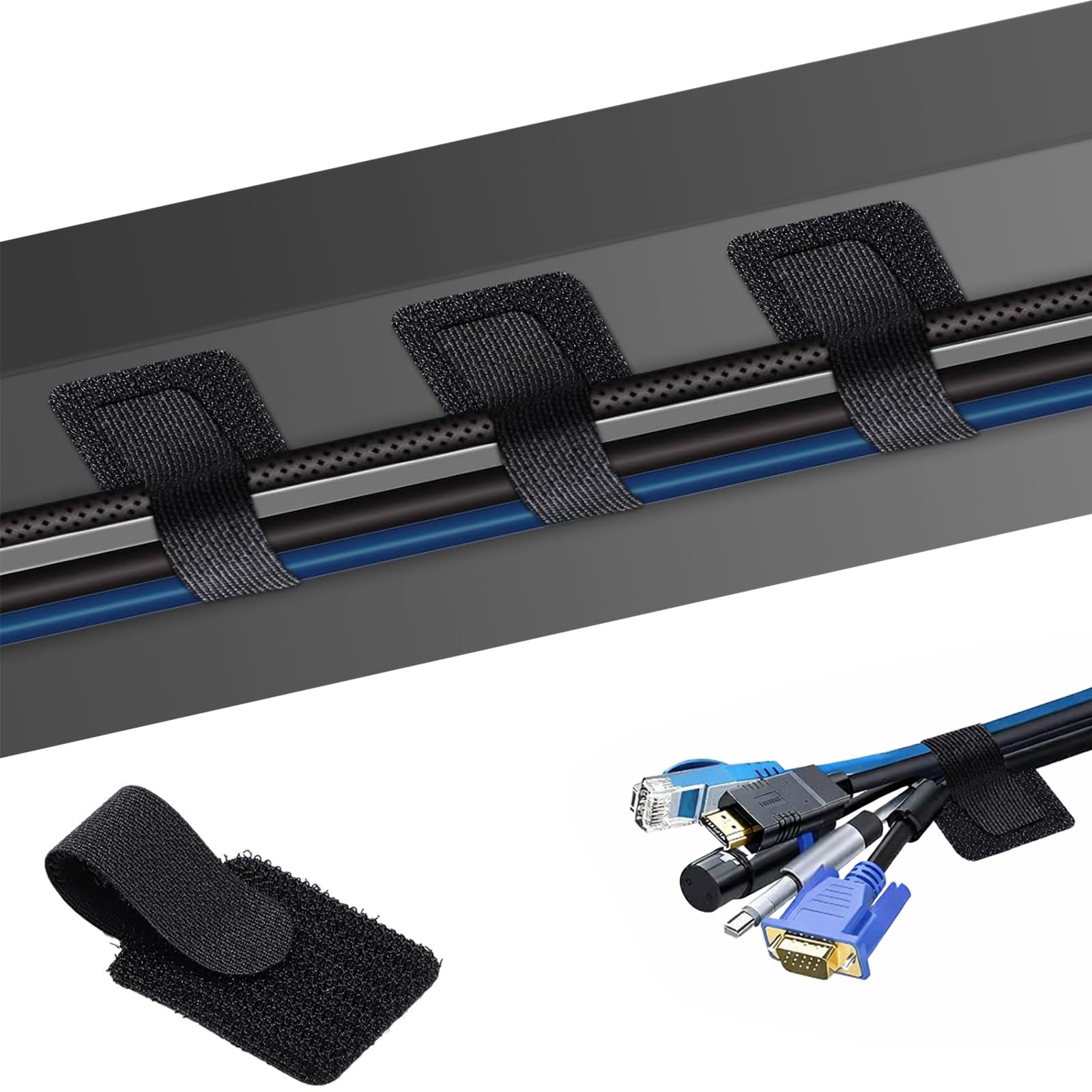 SURFOU 60 PCS Cable Tidy Under Desk, Self-Adhesive Hook and Loop Straps with Strong Sticky Back, Reusable Adjustable Organizers for Desk Setup, TV Cords and Home Office, Black