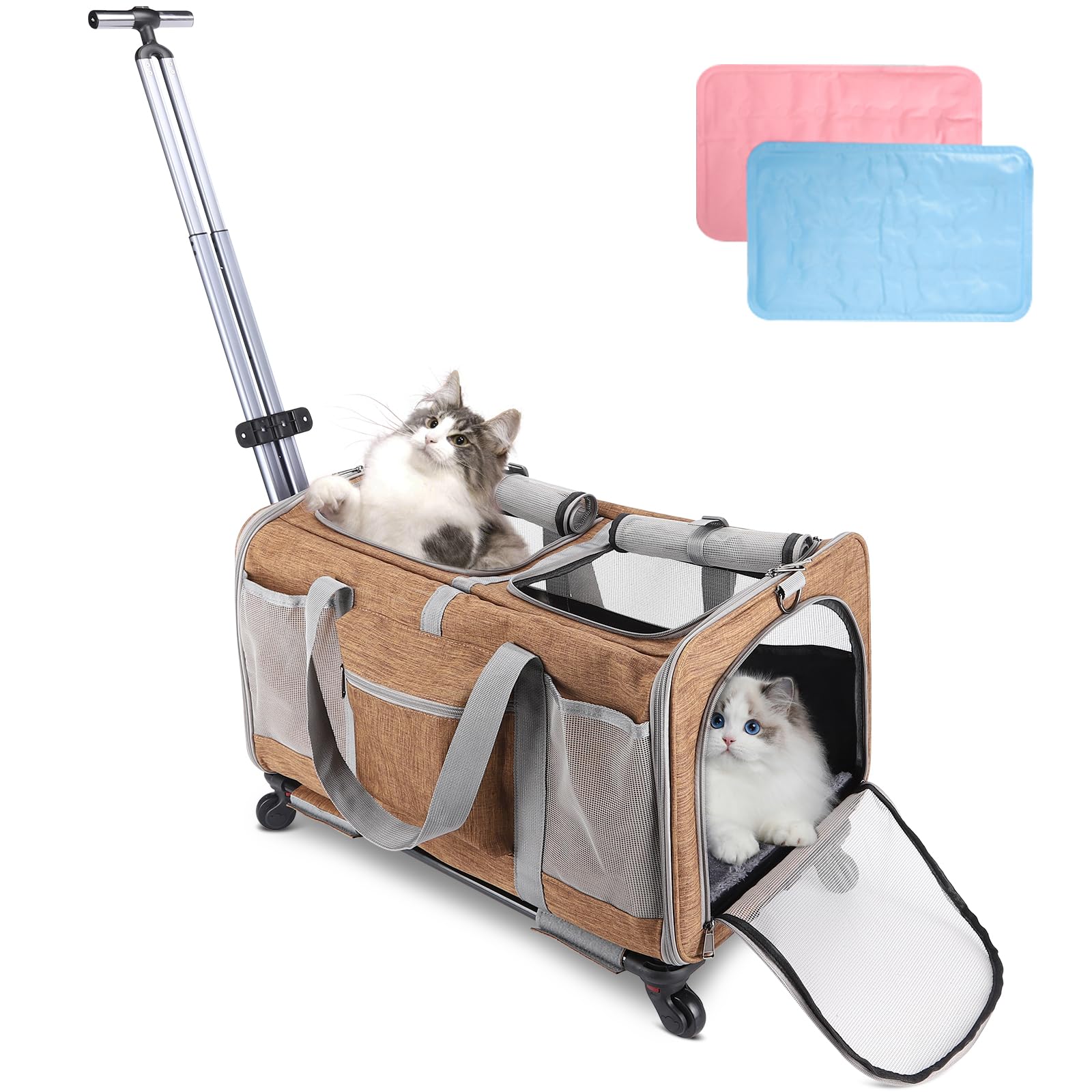 Transportín para gatos con ruedas para 2 gatos, plegable con ruedas para 2 gatos y perros pequeños, transpirable, perfecto para viajes, senderismo, camping, visitas veterinarias, color marrón