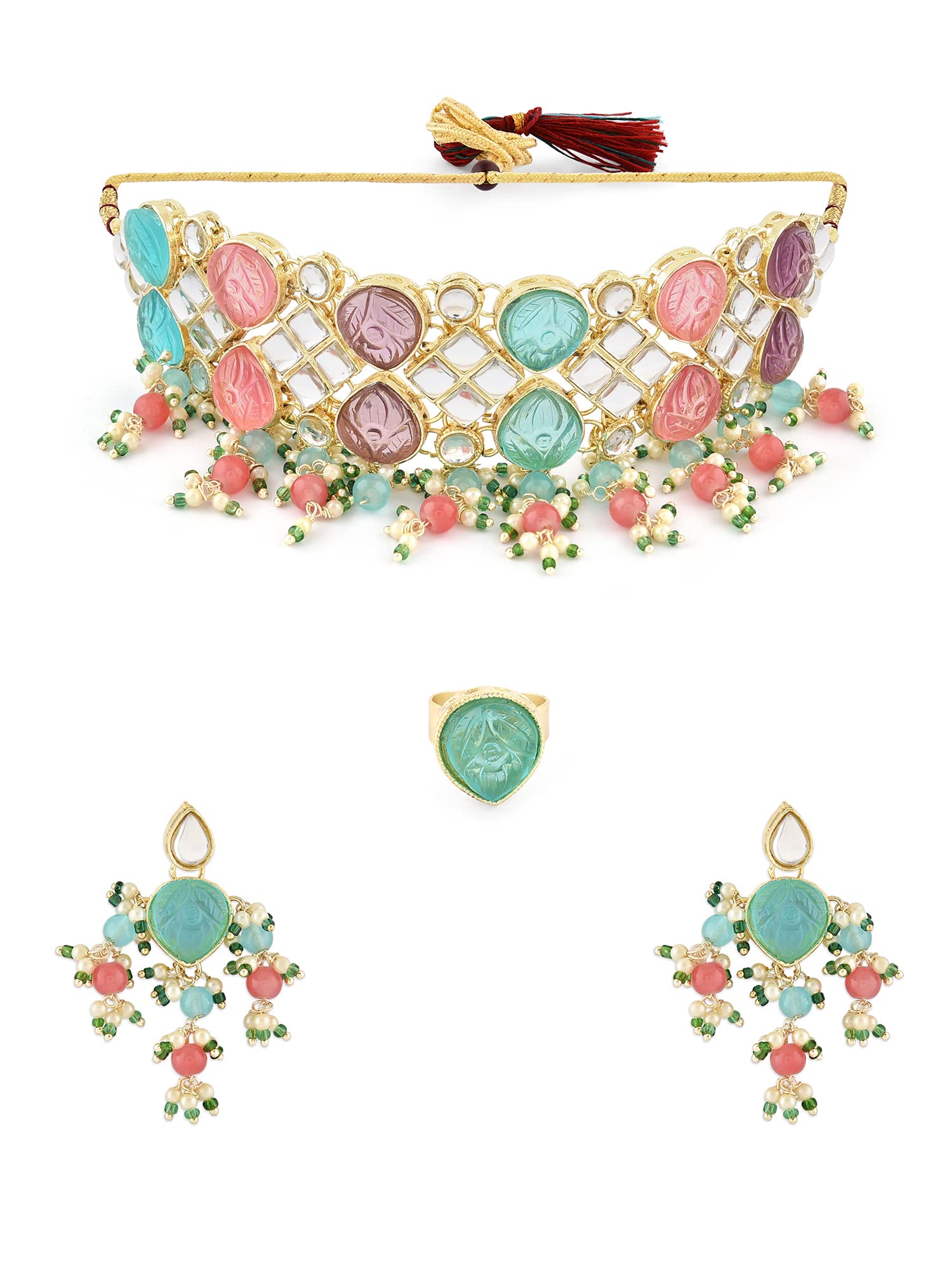 ZAVERI PEARLS Multicolor Stones & Cluster Beads Drop Kundan Choker Necklace Earring & Ring Set For Women-ZPFK16079 (B0C4H5DY64) Amazon Price History, Amazon Price Tracker