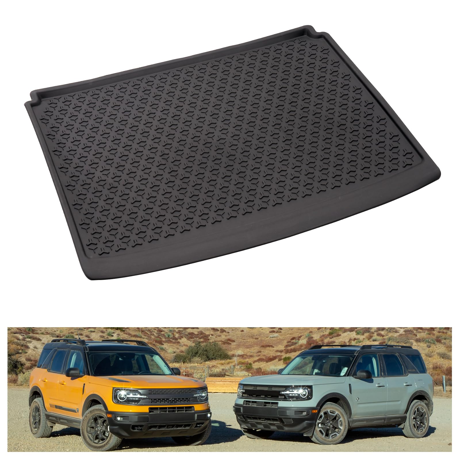 Photo 1 of KIWI MASTER Cargo Trunk Mat Compatible with 2021-2024 Ford Bronco Sport Accessories Replace OEM # MP1Z-7811600-BA All Weather Custom Fit Tray Liner TPE Slush Mats Black (with Full Size Spare ONLY)