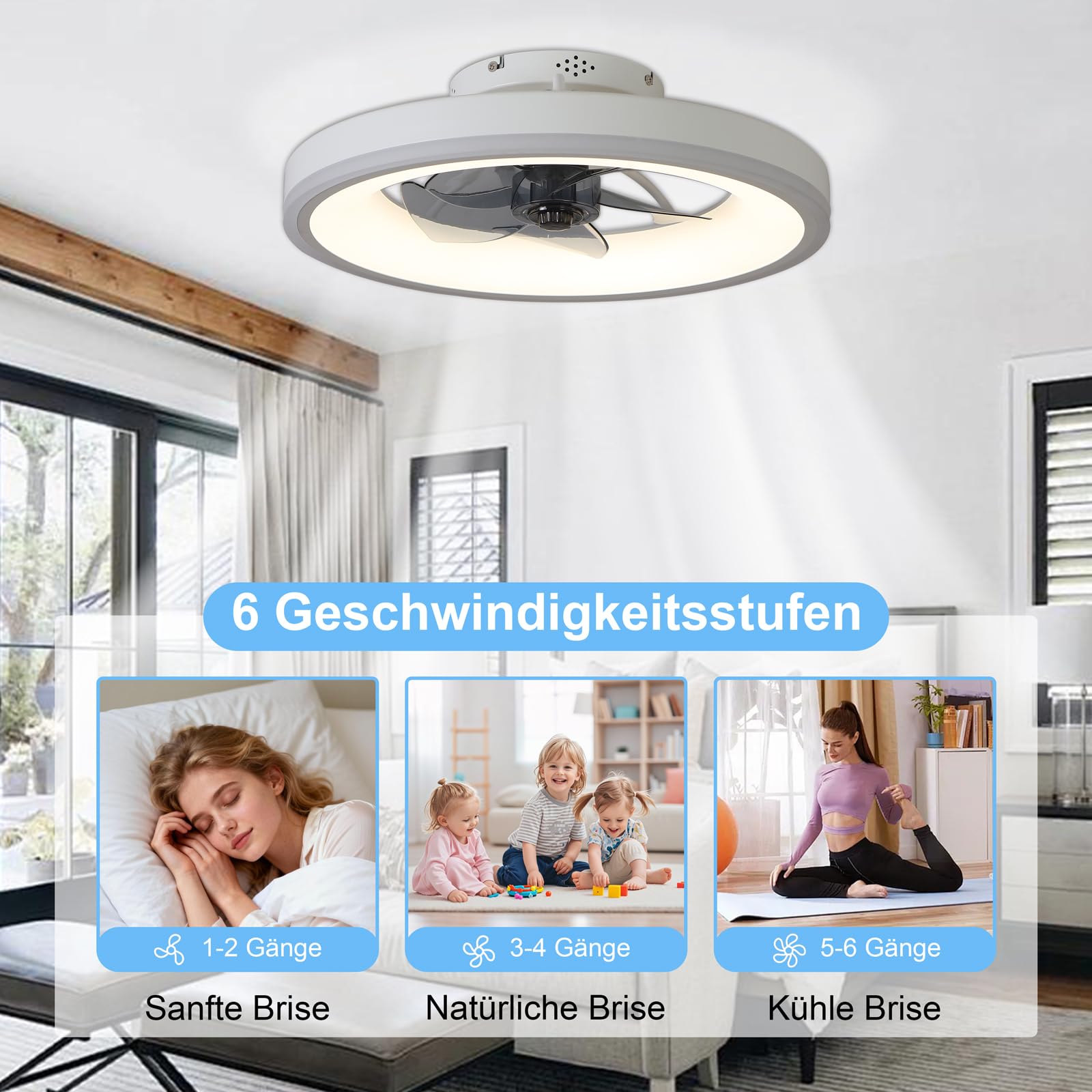 50 cm Deckenventilator mit Beleuchtung, RGB-Licht, leise, Weiß | RGB Deckenventilator mit Licht, Fernbedienung, Deckenlampe mit Ventilator, 6 Geschwindigkeiten, dimmbar, Timer, Schlafzimmer