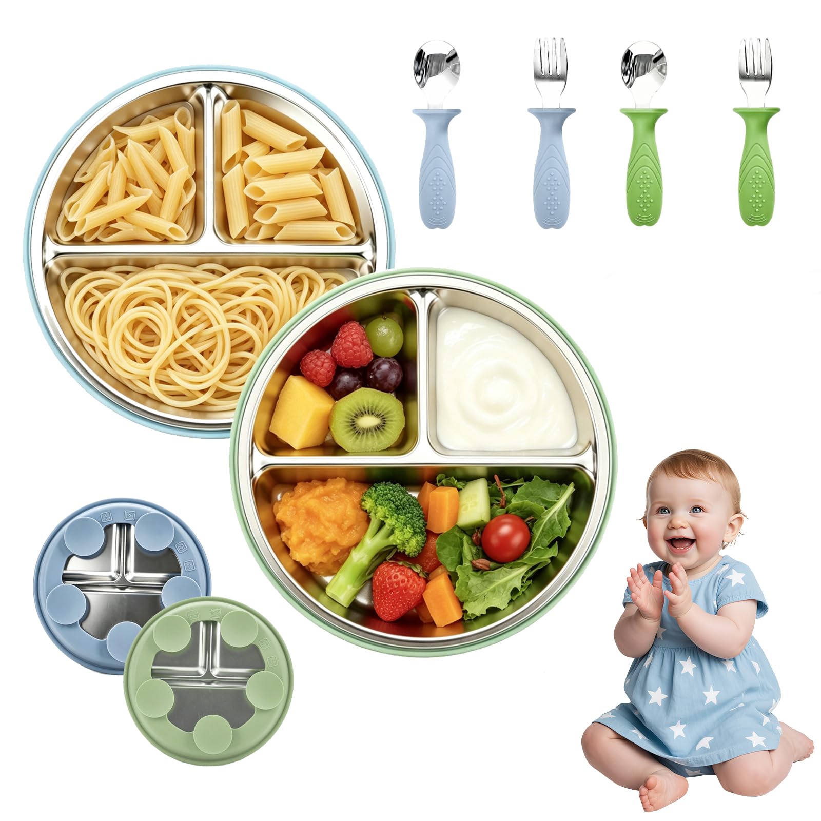 Lot de 2 Coffrets Repas Bébé, 2 Assiettes Acier Inoxydable avec Ventouse Silicone, 2 Fourchettes + 2 Cuillères – Vaisselle Antidérapante Enfant, Sans BPA, Favorise l’Autonomie Alimentaire