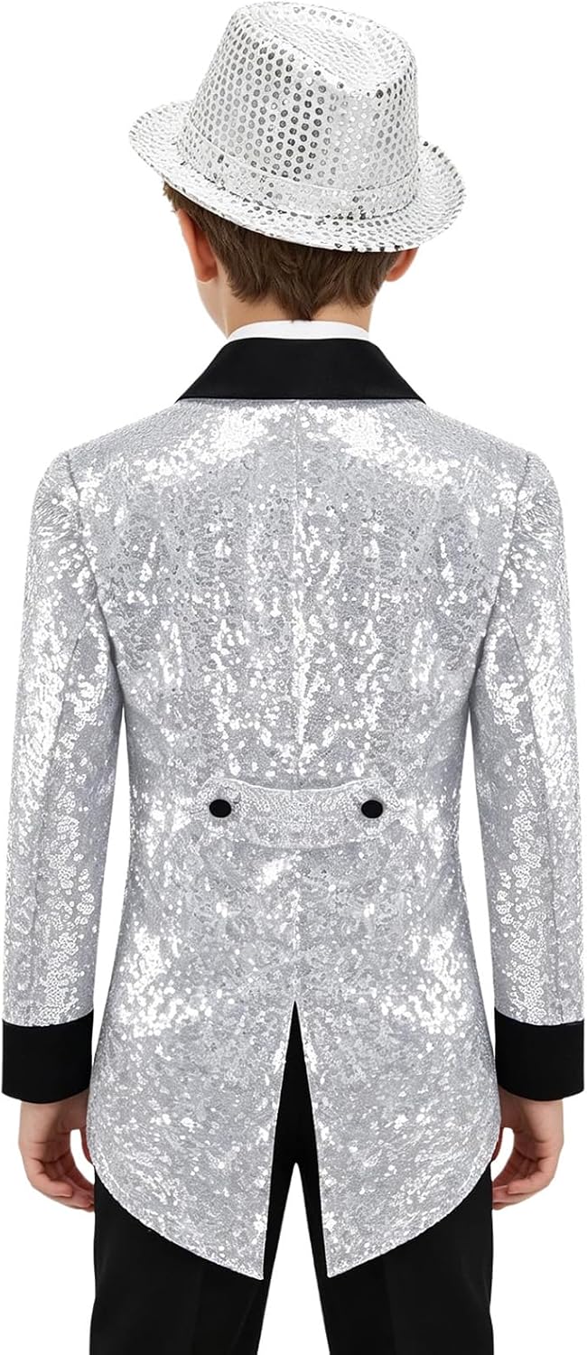 Sywiyi Boys Shiny Sequins Lapel Suit Jacket Circus Magic Shows Dancing Coat Gentlemen Tuxedo Tailcoat Dress Up