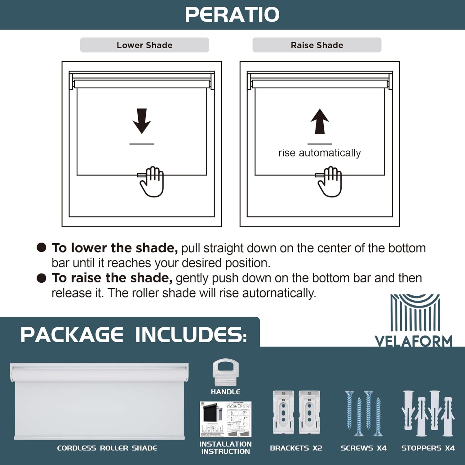 Cordless Roller Shades – Blackout Blinds with UV Protection, Room Darkening (20" W x 72" H, White)