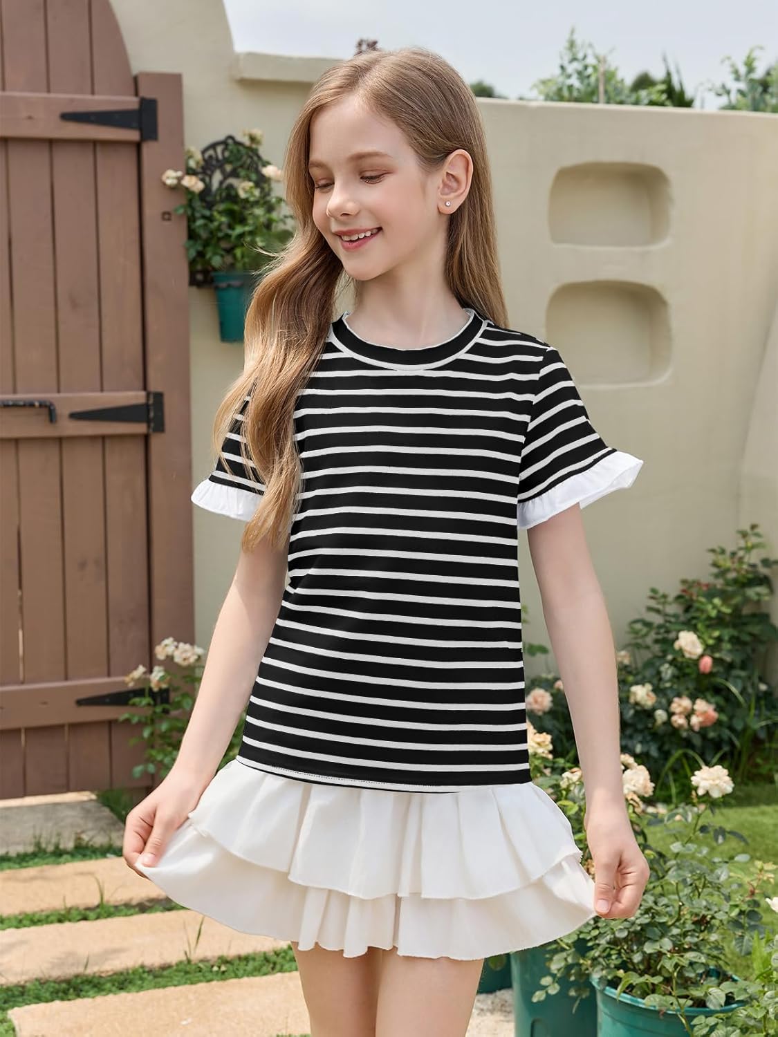 Haloumoning Girls Striped Ruffle Short Sleeve T Shirts Kids Summer Crewneck Tops Casual Tees 5-14 Years - Image 2