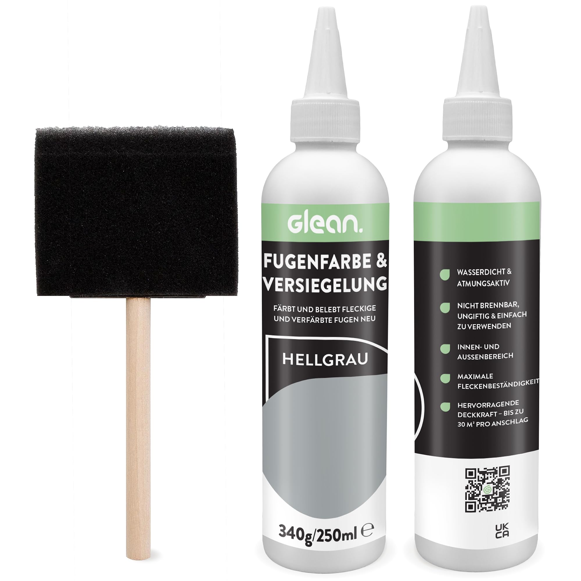 GLEAN Fugenfarbe & Versiegelung Hellgrau | 340g | Erneuert & schützt Fliesenfugen | Mit Schaumstoffpinsel | Atmungsaktiv & fleckenresistent | Für Bad, Dusche & Küche