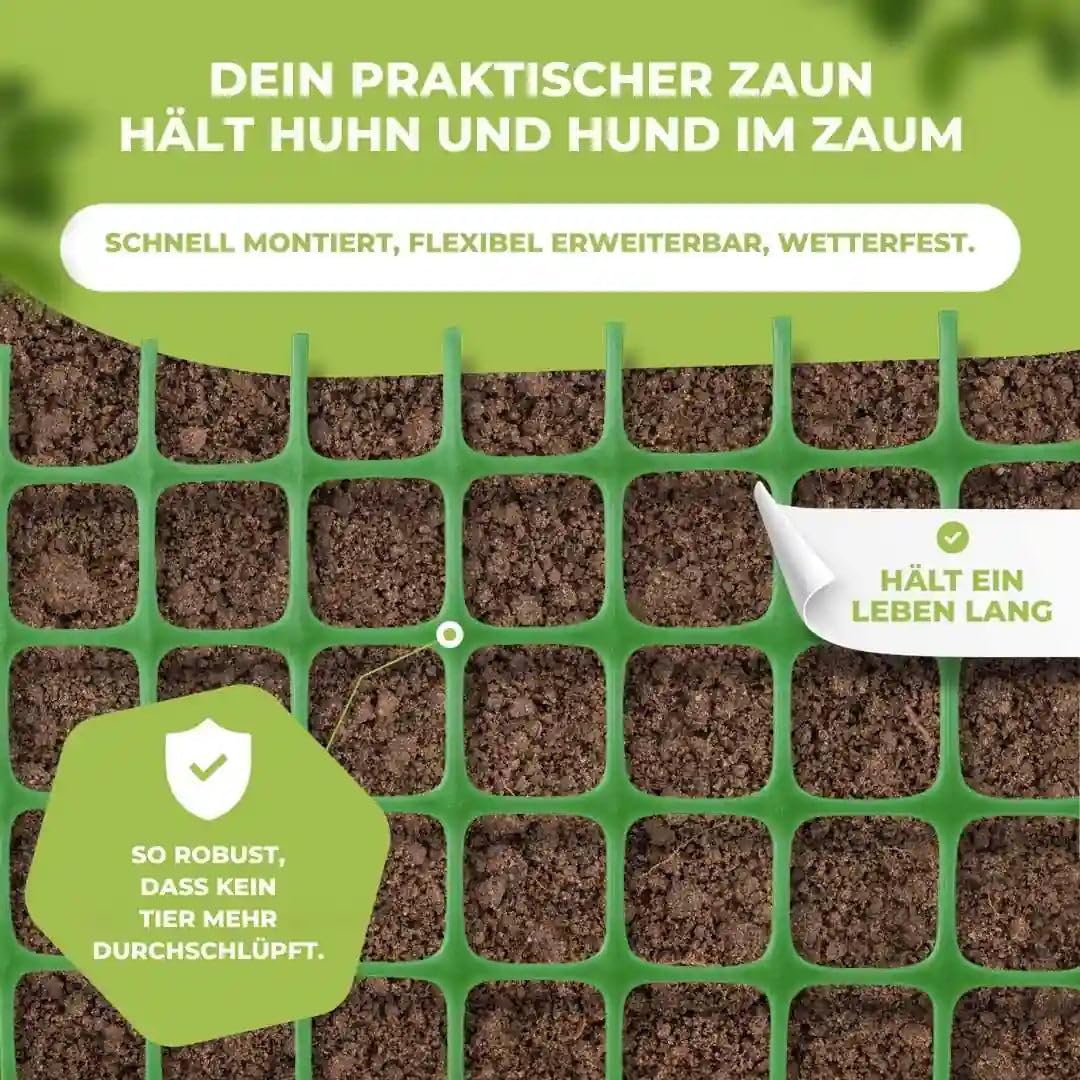 Florade® Kunststoffzaun | Gartenzaun | Geflügelzaun | Gartenzaun Kunststoff | Hundezaun | Robust & witterungsbeständig | Vielseitig einsetzbar | Grüne Farbe | Quadratförmige Maschen | 330g/m²