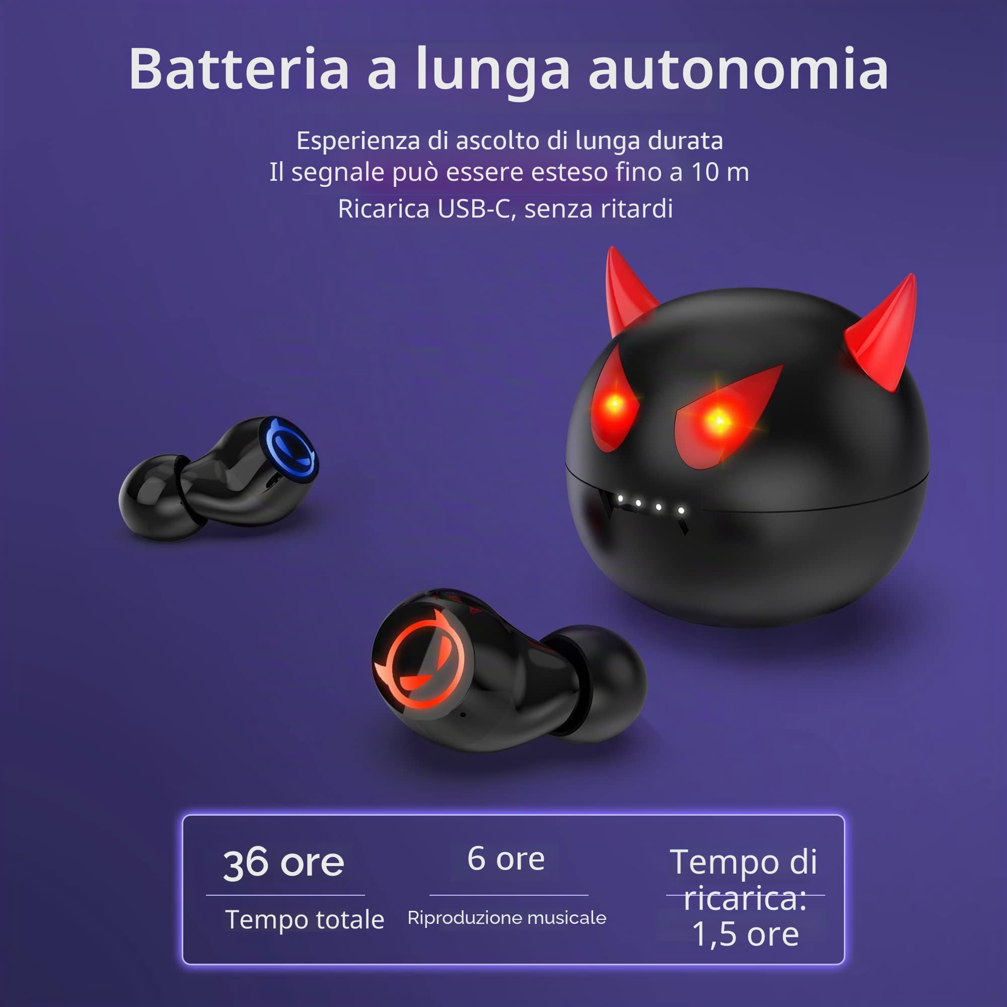 auricolari wireless wireless in-ear HIFI con doppio microfono e controllo touch, 36 ore di riproduzione diavolo per un