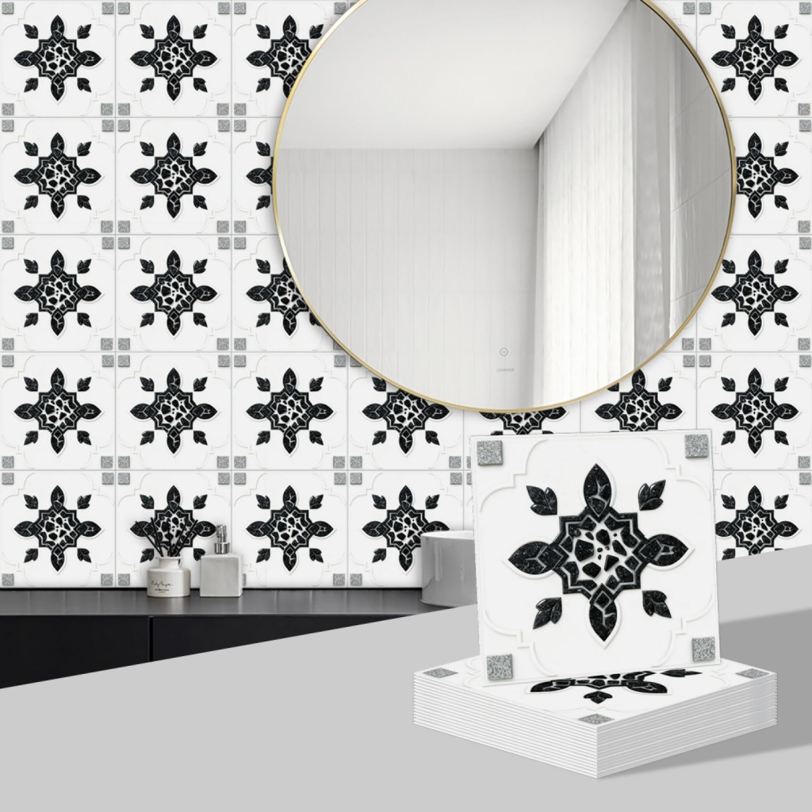 Stick on Tiles Black Leaf Pattern Oil Proof Tile Stickers Kitchen Peel and Stick on Bathroom Tiles Vinyl Thicken Self Adhesive Floor Tile Transfers Removable 20x20cm/10 Pcs