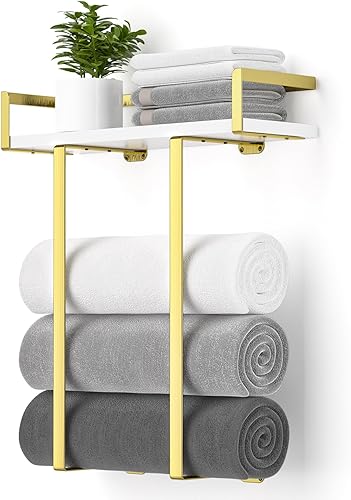 Vista 8 de Toalleros para baño, toallero de metal con cesta de almacenamiento, toallero de pared para toallas enrolladas, almacenamiento de toallas para baño