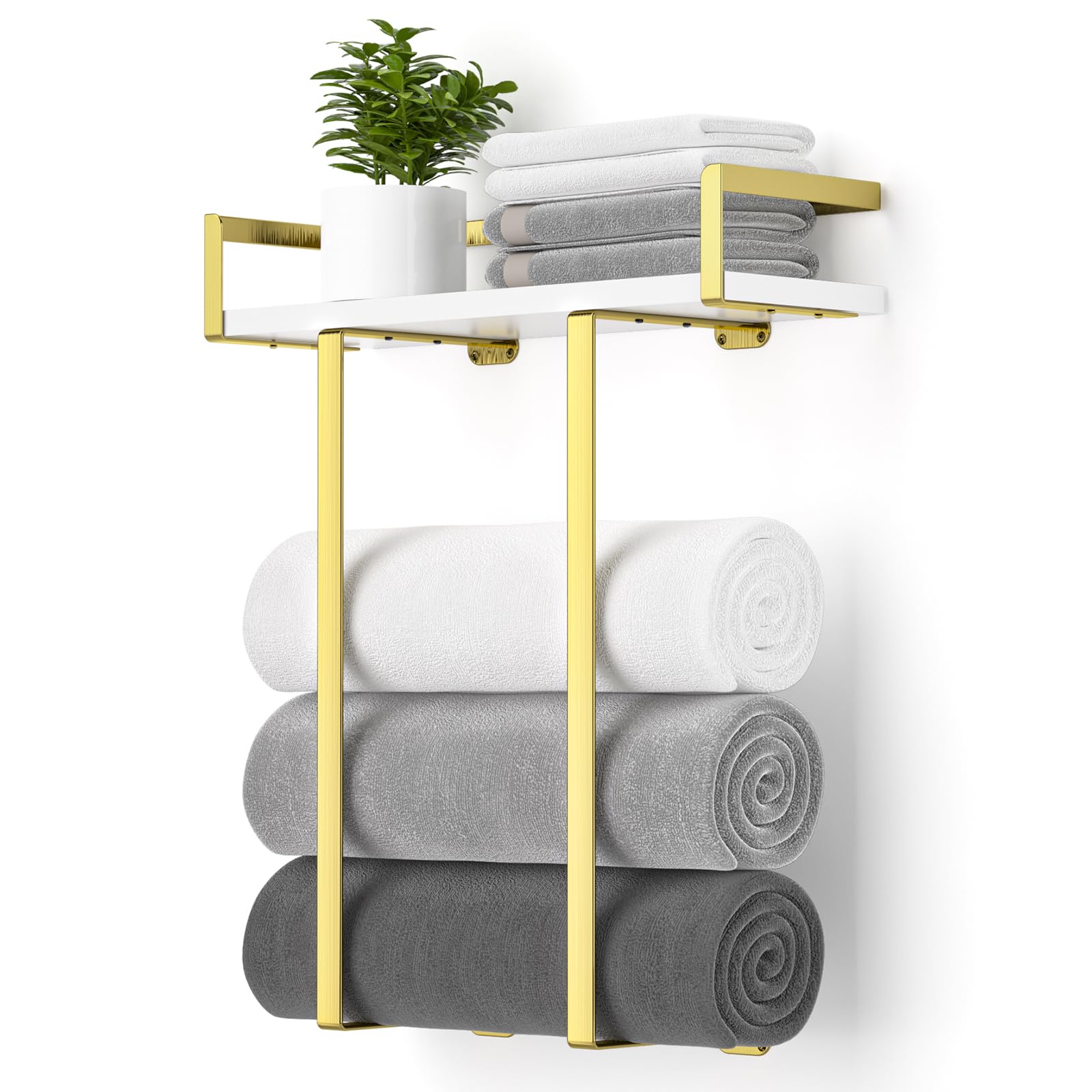 Xstydes Towel Rack With Wood Shelf | Wall-Mounted Organizer For Bathroom, RV, Or Camping | Space-Saver In Gold Finish - View #5
