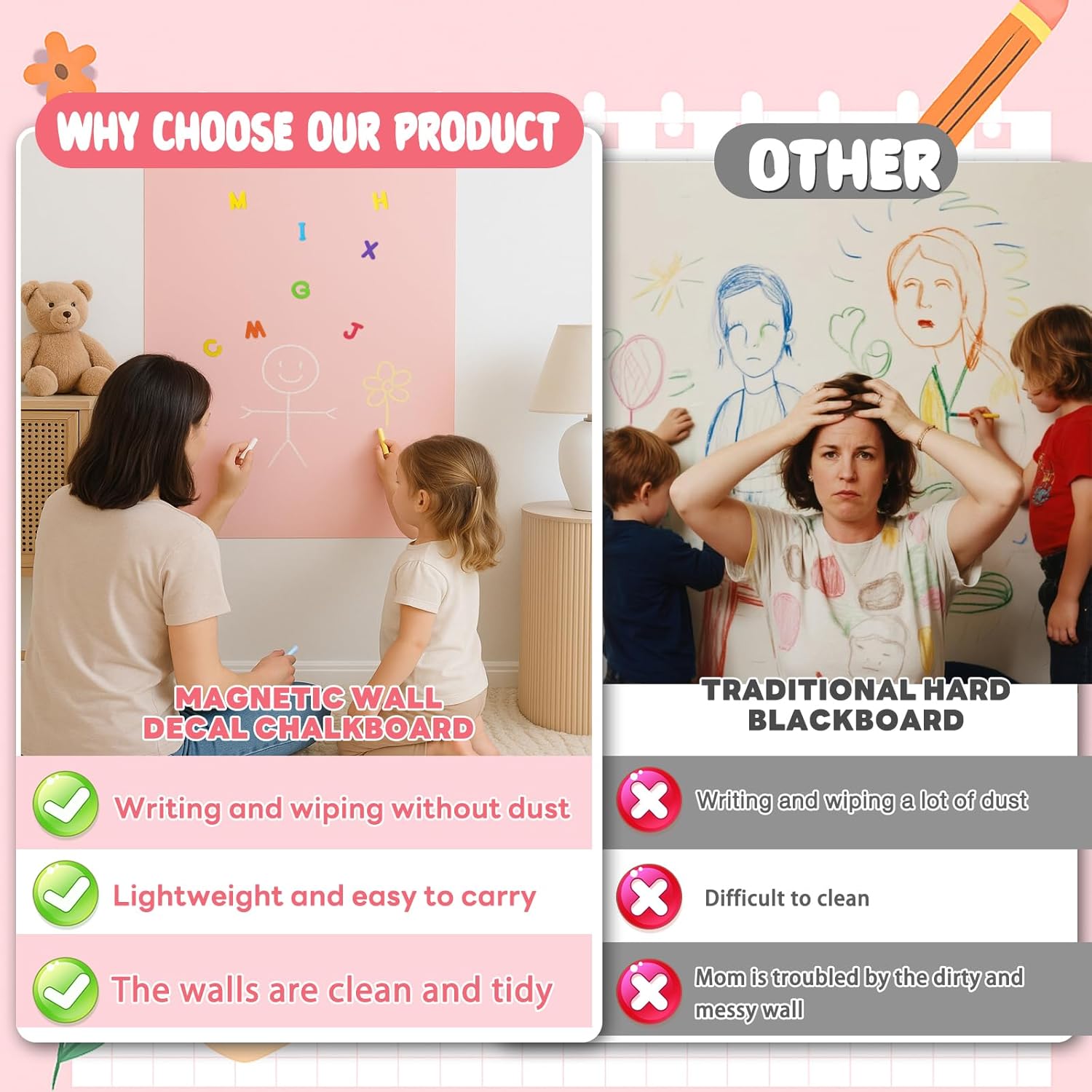 Magnetic Chalkboard Wall Decal For Kids,Upgraded Thickened Magnetic Chalkboard for Wall,Suitable for Home Decoration Wallpaper and Children's Game Room,School,Home Decor (ivory White-2Pcs, 16x40 Inch)