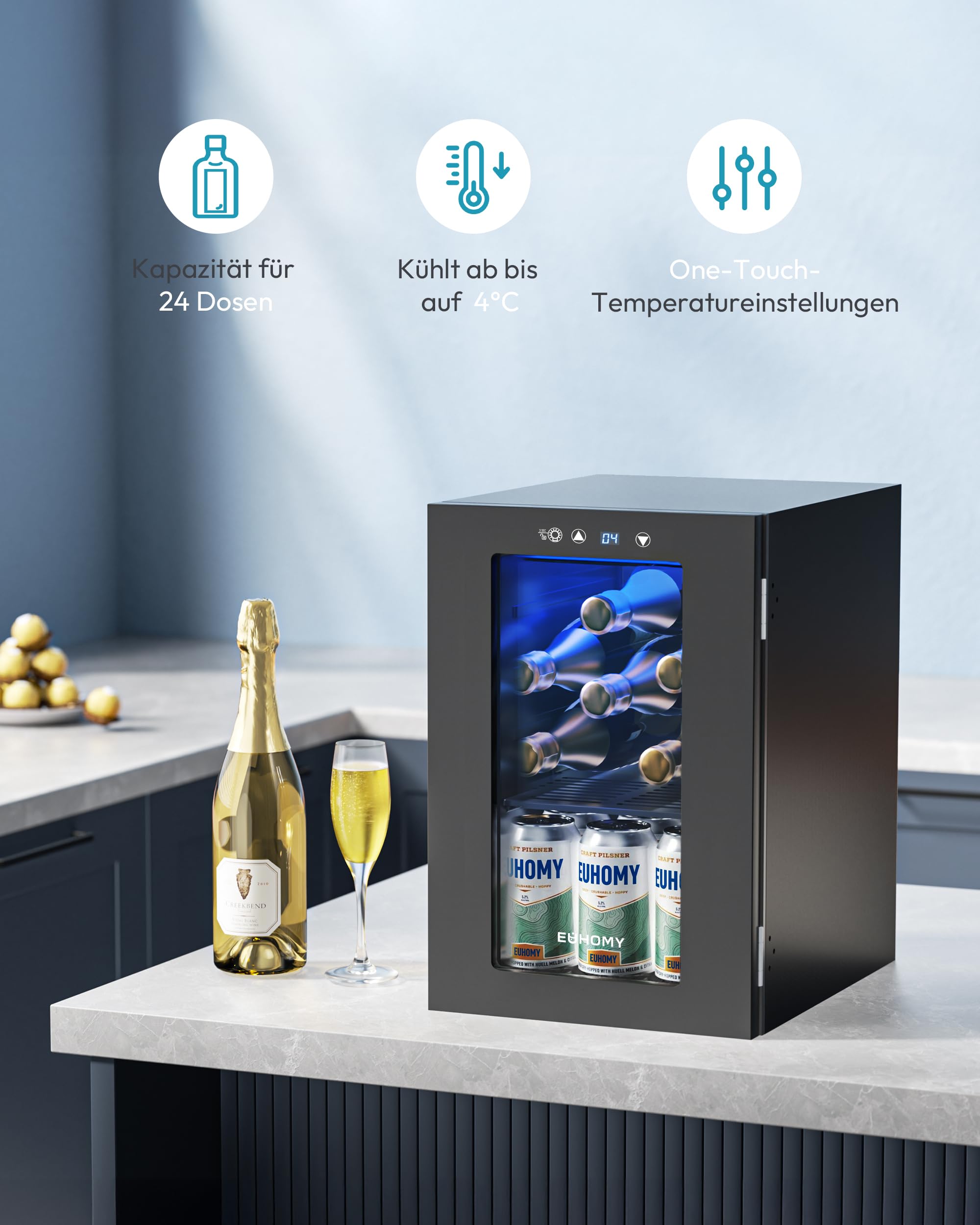 EUHOMY 18L Getränkekühlschrank Mini Kühlschrank Glastür LED Digitalanzeige Bierkühler