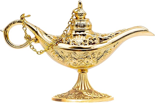 Magic Aladdin Lamp, Metal Carved Aladdin Lamp Vintage Home Tea Oil Pot Aladdin Genie Wishing Lamp Pot Magic Genie Light Wishing Pot Decor Magic Genie Wishing Light Genie Pot Costume Lamp Table Decor
