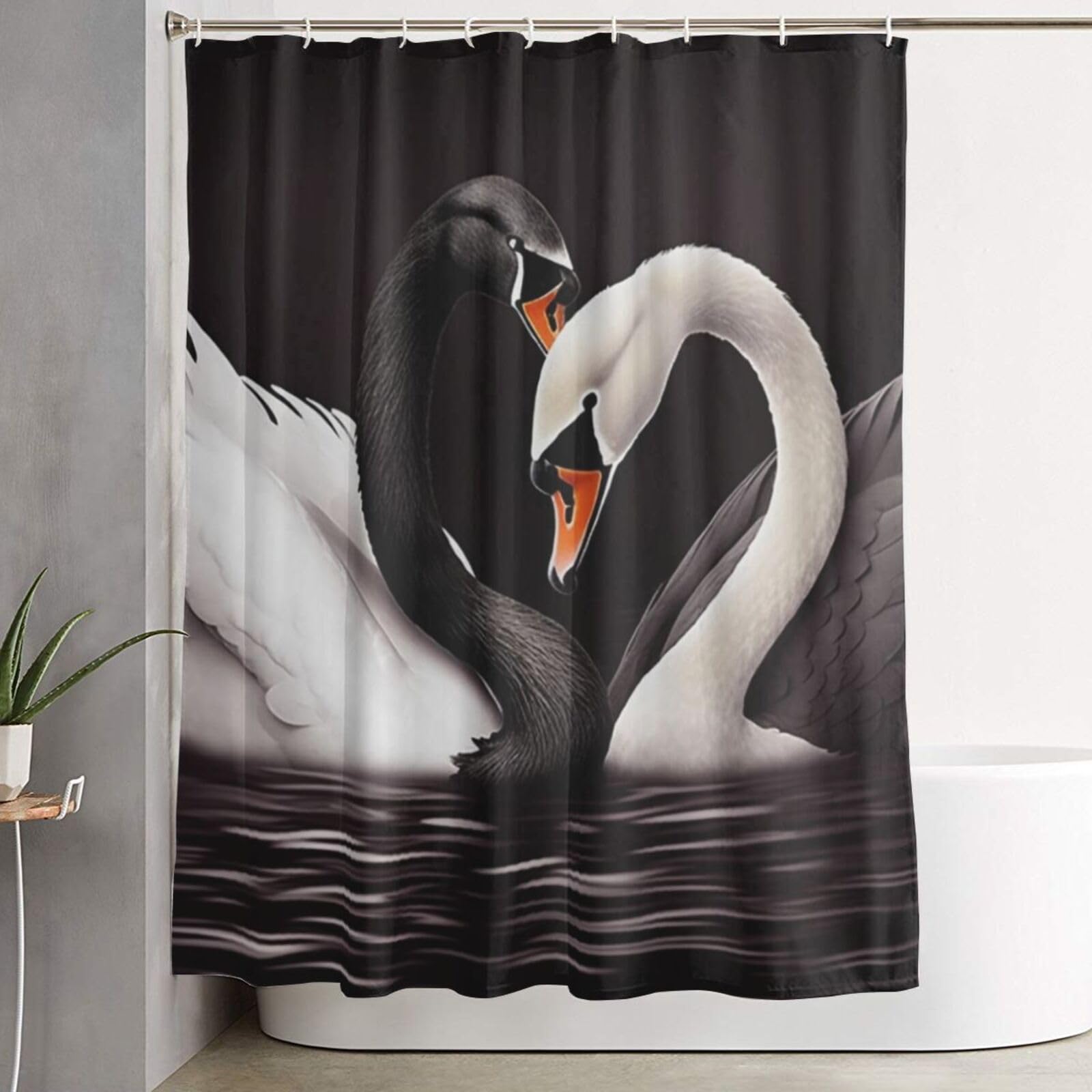 Rideau de douche épais et imperméable motif cygne noir et blanc avec crochets