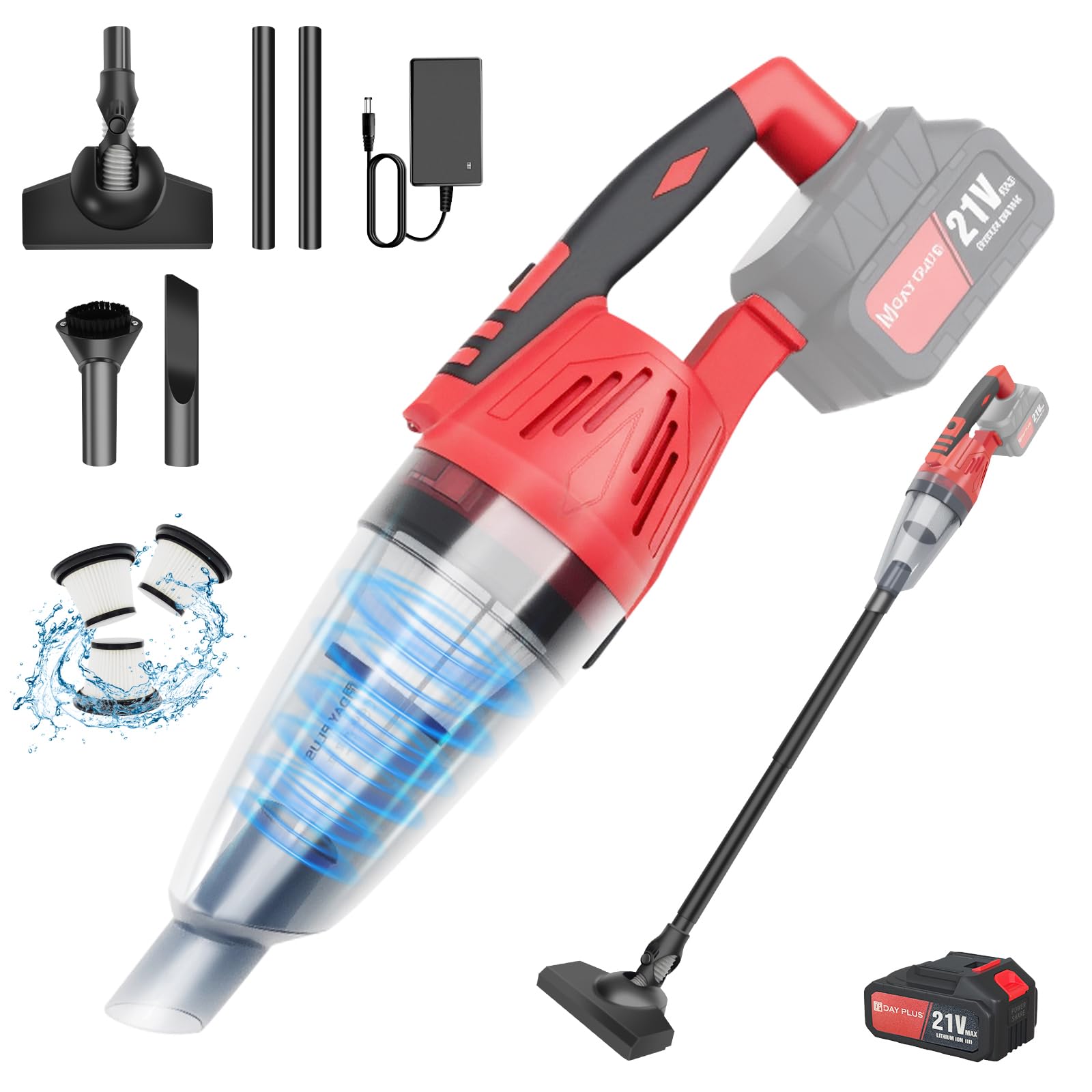 HSHa Aspirapolvere a mano a batteria, 18000 PA, potente motore brushless, aspirapolvere portatile per auto con diversi ugelli per casa, ufficio, computer, auto (rosso - 1 batteria)