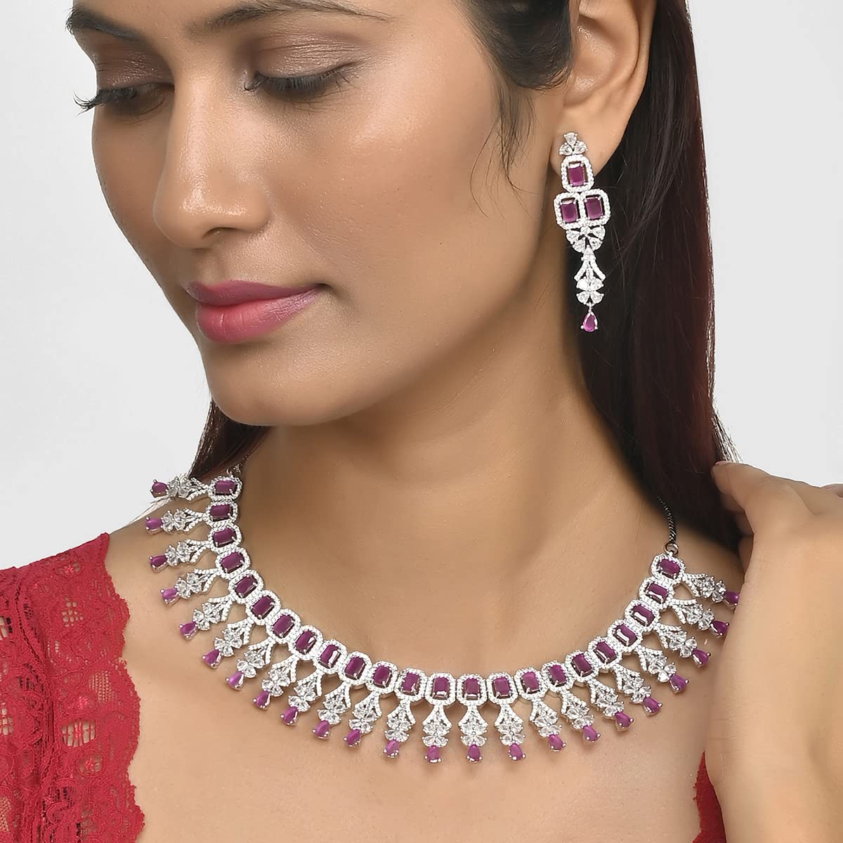 Emerald Cut CZ Adorned Brass Opulent Plated Jewellery Set