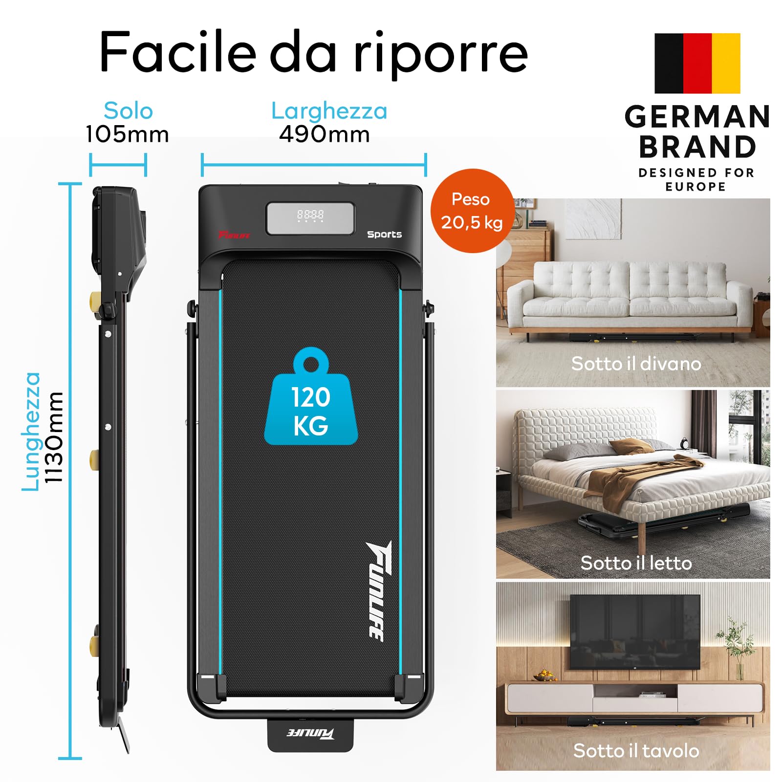 FunLife F1 - Tapis roulant pieghevole 3 in 1 con maniglia, silenziosa e piatta, fino a 120 kg, per scrivania e ufficio, per anziani e riabilitazione