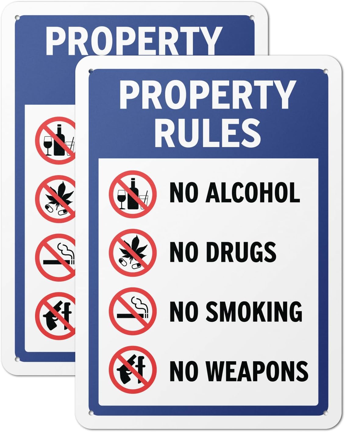 "Property Rules: No Alcohol, No Drugs, No Smoking, No Weapons" Sign for Homes, Airbnb, Businesses, Private Properties - 10" x 14" Aluminum, 2 Pack