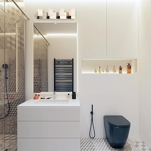 Miniatura 7 de EGLO Novela - Lámpara de tocador de 4 luces para interiores, aplique de pared regulable LED de vidrio esmerilado para baño con vidrio satinado, 27