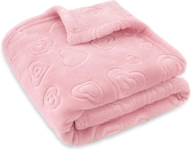 Baby Blanket with Heart Design for Girls Ultra Soft Fleece Warm and Lightweight Blankets for Infant Toddler Newborn, 30x40 Inch, Blush Pink