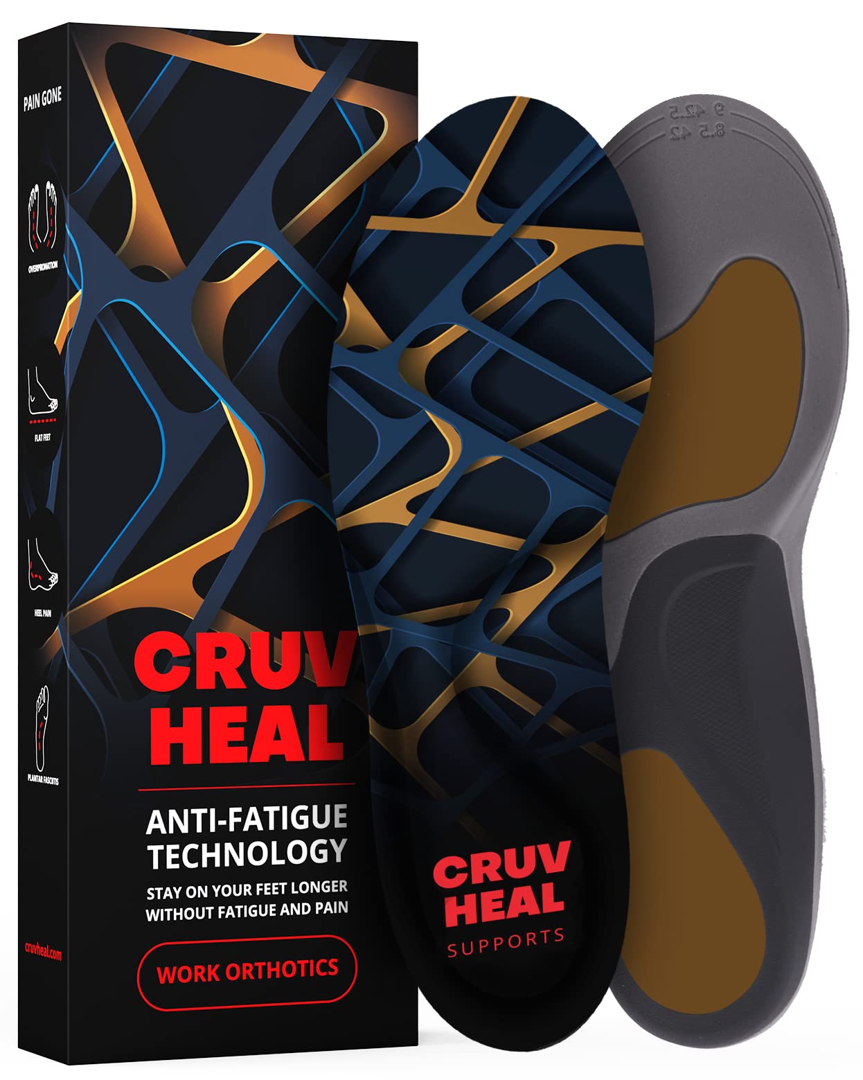 CRUVHEALCRUVHEAL Work Orthotics Insoles - for Plantar Fasciitis Flat Feet Leg - Work Boot Insoles for Standing All Day - Anti Fatigue Medium Arch Support Shoe Insert Men Women - Relieve Foot Pain (Blue, L)