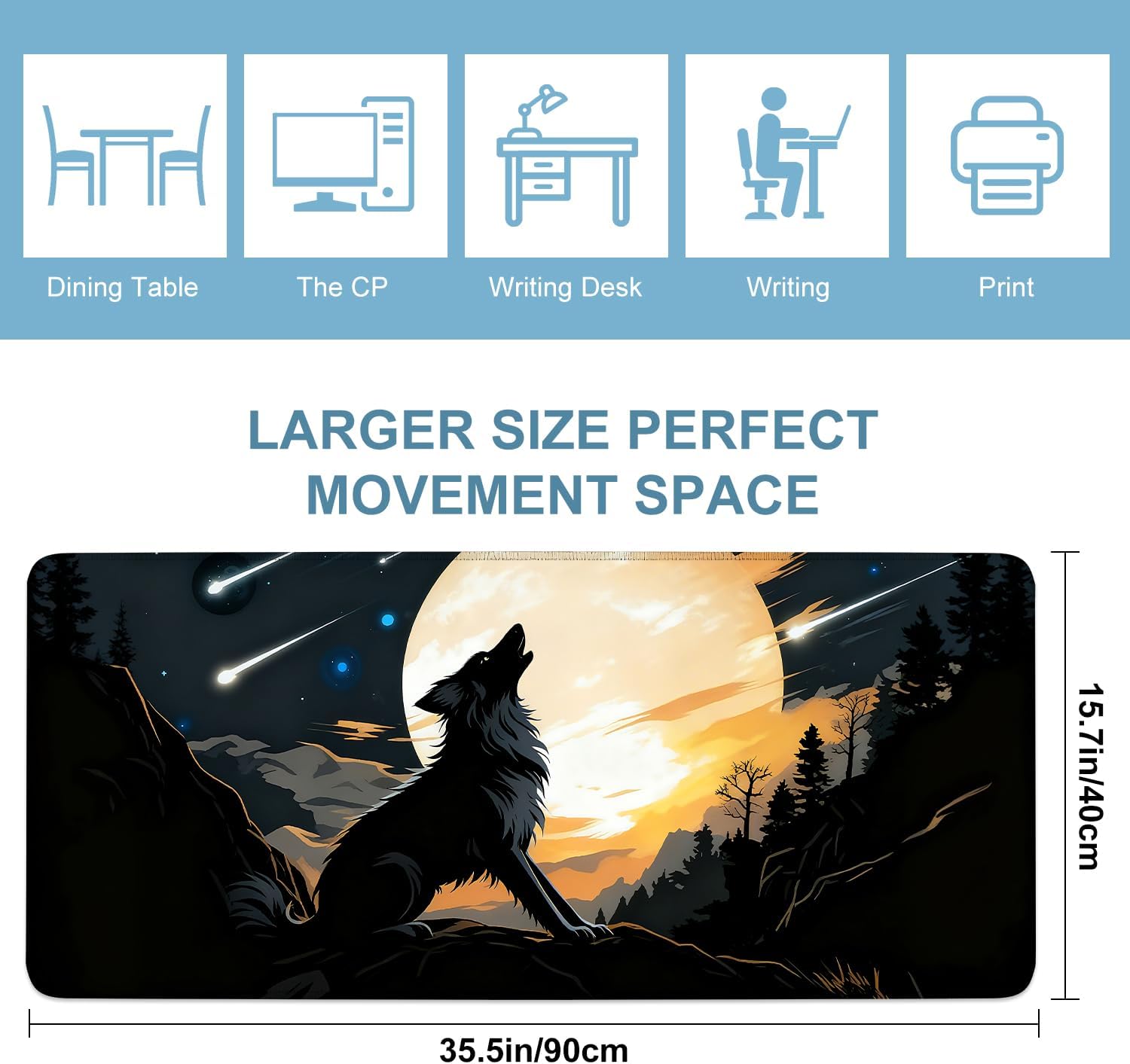 Wolf & Moon Extended Gaming Mouse Pad,35.4 x 15.7 Inch Large Mousepad with Stitched Edges,Water-Resistant Desk Mat with Non-Slip Rubber Base for Gaming,Office,Home Office