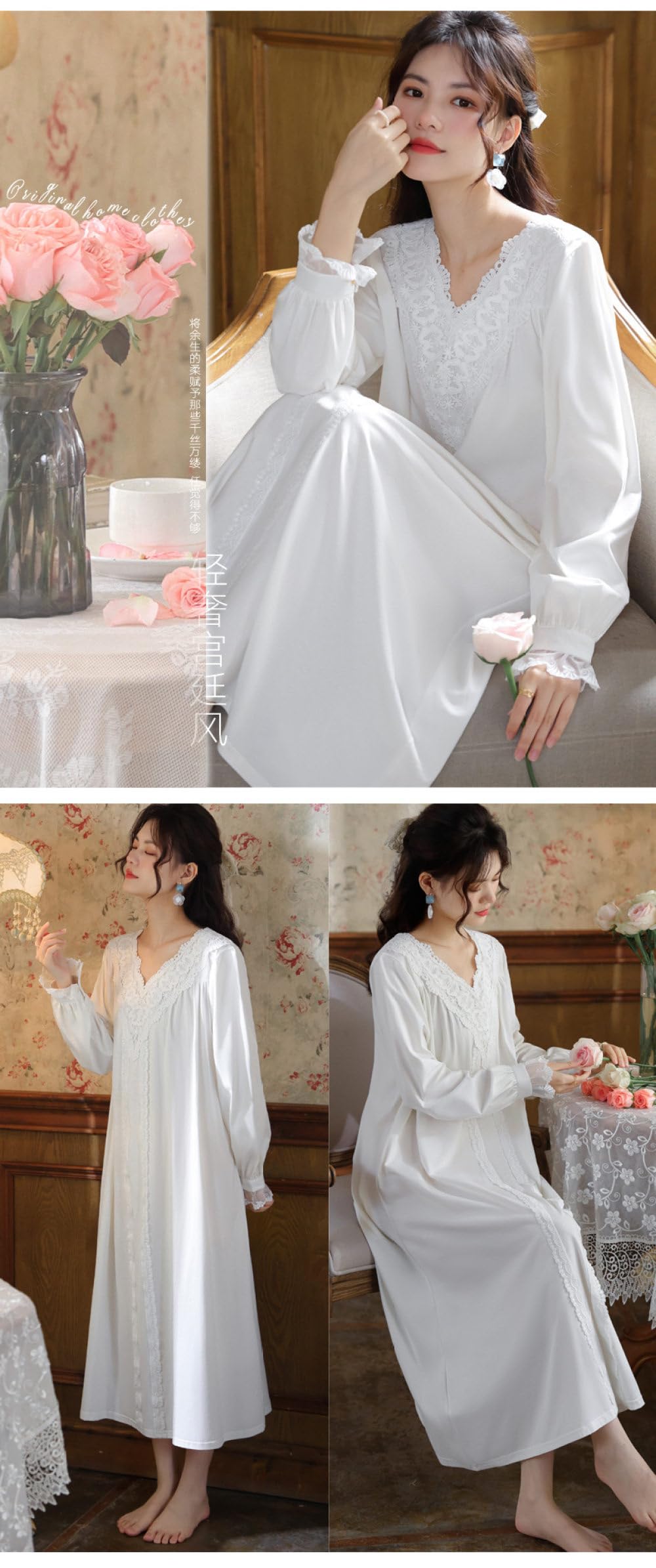 Nachthemd Damen,Damen-Nachthemden, Vintage, Weiße Baumwolle, V-Ausschnitt, Spitzenstreifen, Elegantes Schlafhemd, Weiche, Bequeme, Lange Ärmel, Nachthemd, Nachtwäsche, Loungewear Für Damen, Mäd
