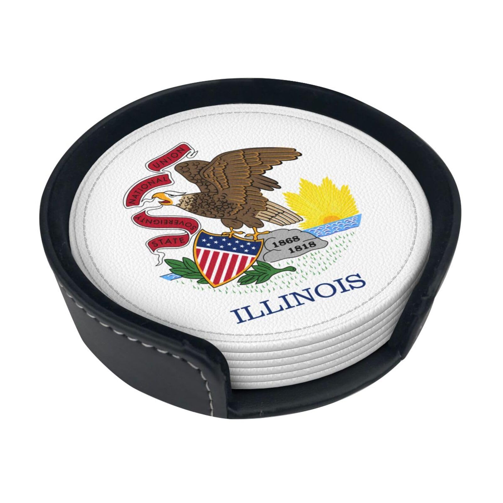 Cntdbu White Illinois State Flag Leather Coasters Set Of 6-Pu Leather Drink Mats For Table, Heat Resistant Round Coasters With Holder