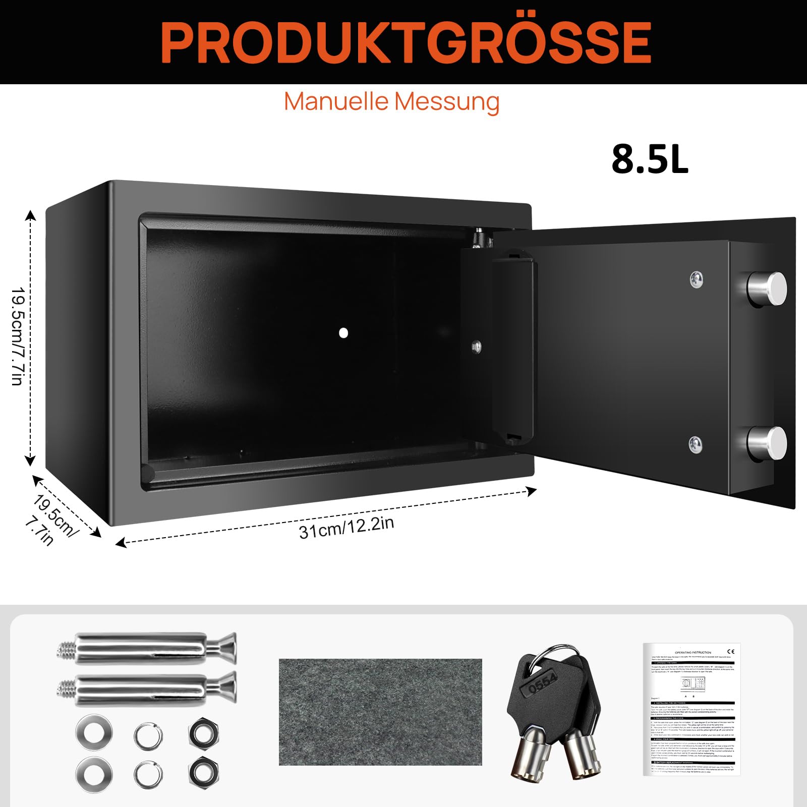 Caja fuerte mediana con 2 llaves, caja fuerte electrónica digital, alta seguridad, color negro, con teclado digital, 31 x 20 x 20 cm (8,5 L)