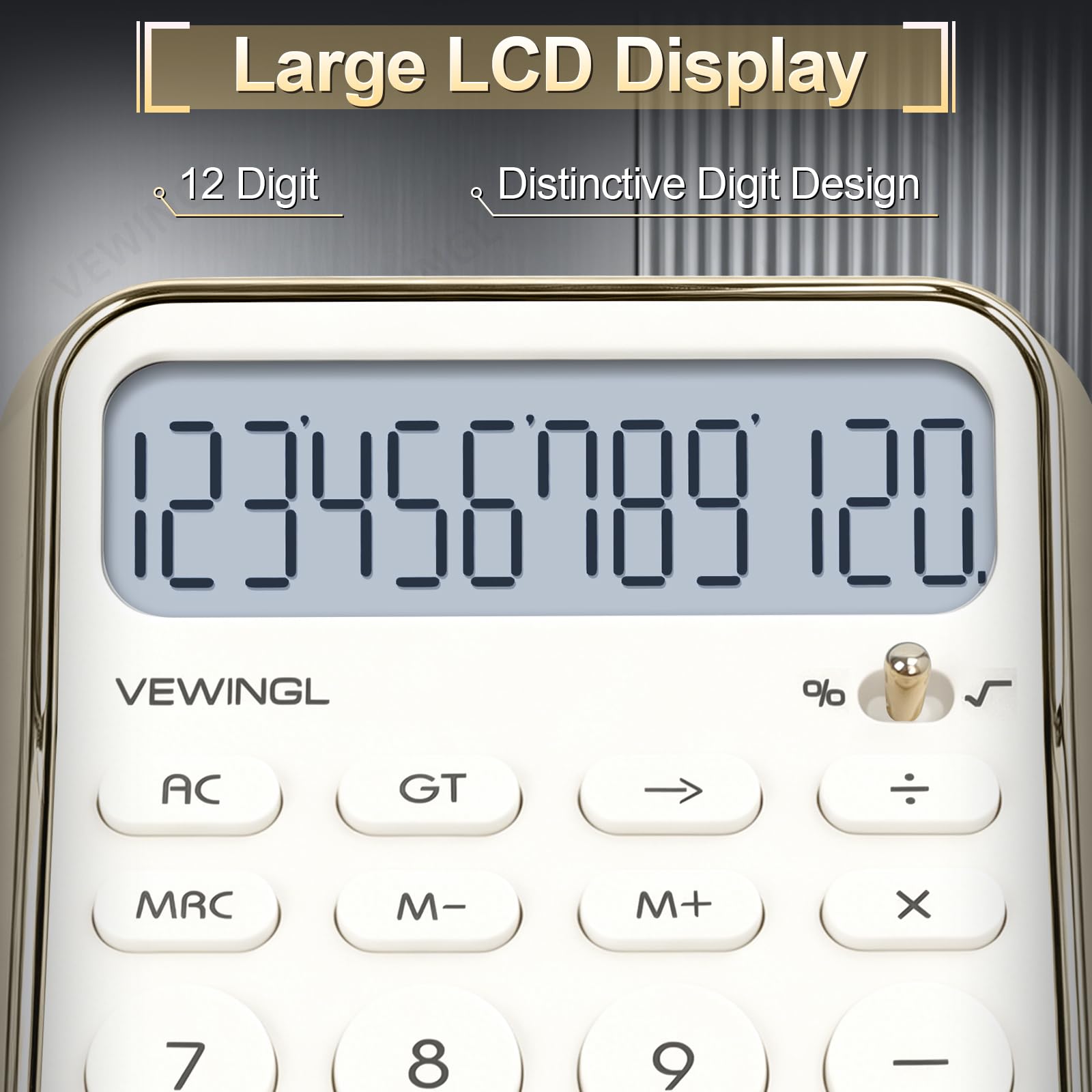 VEWINGL Calculadora de escritorio, pantalla HD de 12 dígitos con % de tecla, superficie metálica chapada al vacío, ideal para oficina, escuela u hogar (blanco galvanizado, sin voz)