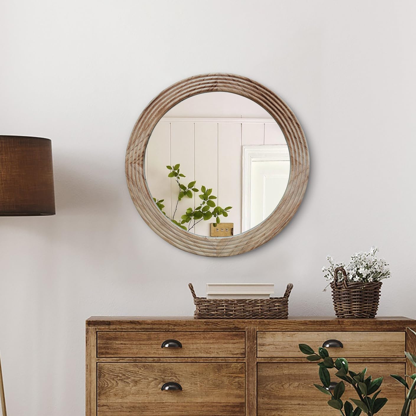 Losour Brown Round Mirror, Farmhouse Decor Solid Wood Frame Wall Circle Mirror, Decorative Mirrors For Bathroom Over Sink, Living Room, Entryway,Bedroom, Entryway, Hallway,Foyer (1, 20" L X 20" W)