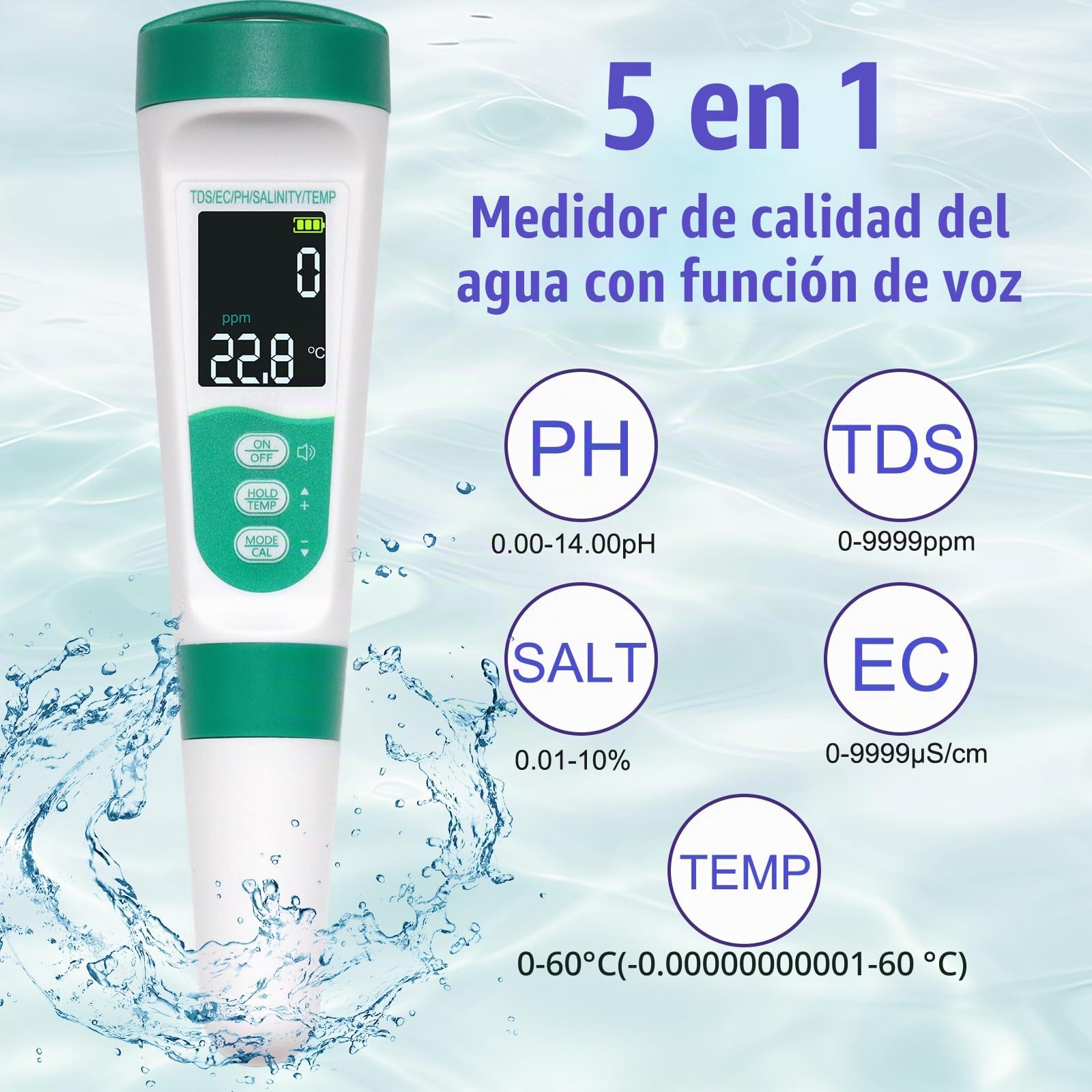 OBEST Medidor de pH Digital, pH/TDS/EC/Sal/Temp Medidor Agua Digital 5 en 1