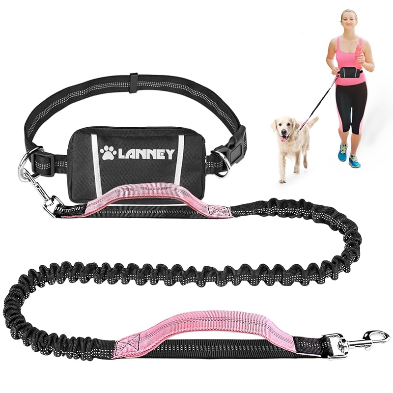 Guia mãos livres para cães LANNEY com pochete, alça elástica e duas alças, 1 unidade, Black/Light Pink