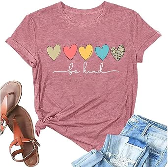 Boho Be Kind Shirt Women Heart Print Teacher Tshirts Vintage Graphic Tee Summer Casual Inspirational Tops
