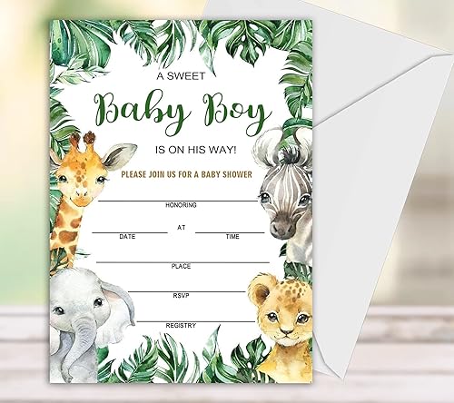 Miniatura 1 de Invitaciones de baby shower para niño, tarjetas de relleno de animales de la selva con sobres, de madera, juego de 25.