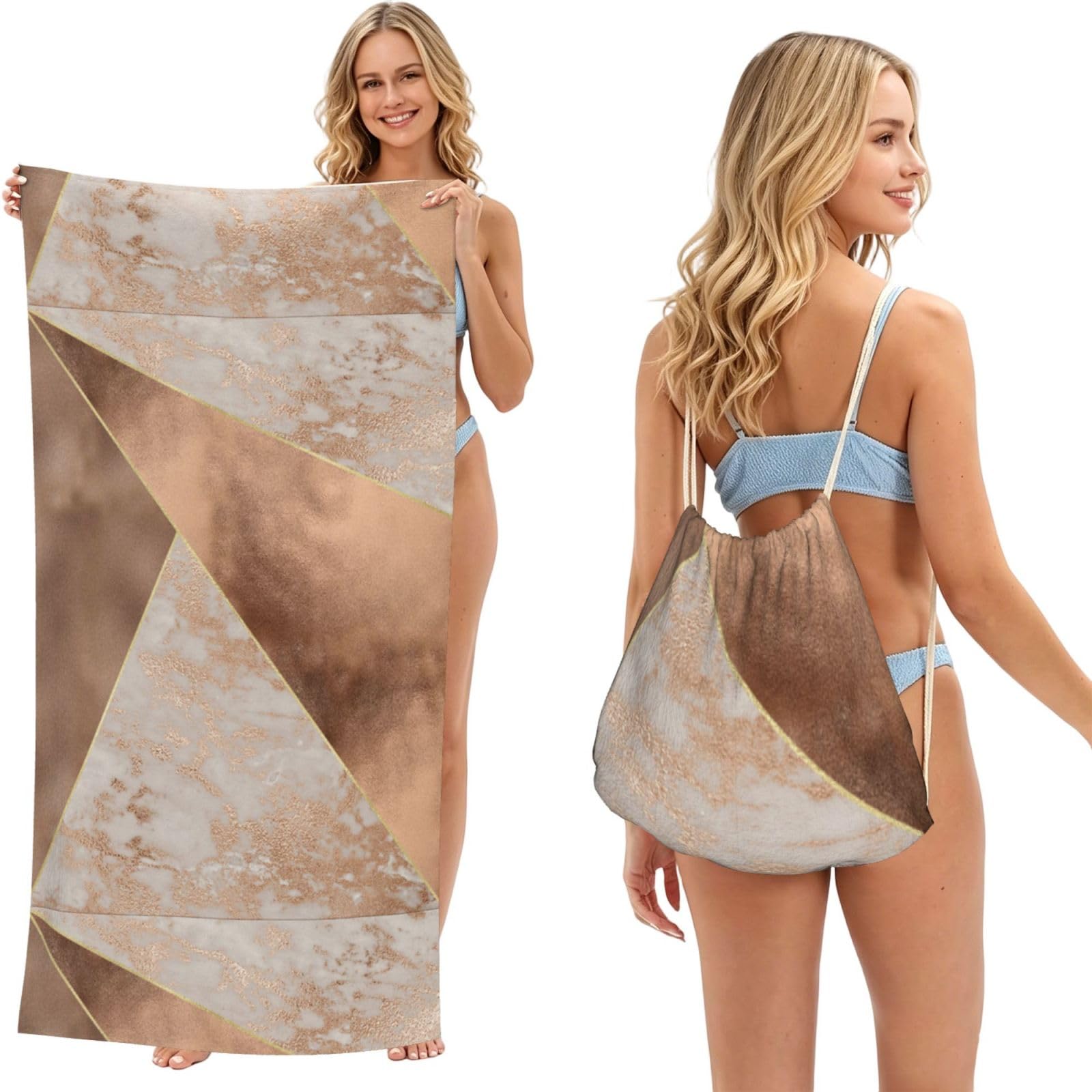 Poadnly As Picture Copper Foil And Blush Rose Gold Marble Triangles, 2 In 1 Packable Towel Bag, Beach Towels With Drawstring Backpack For Travel Holiday Camping