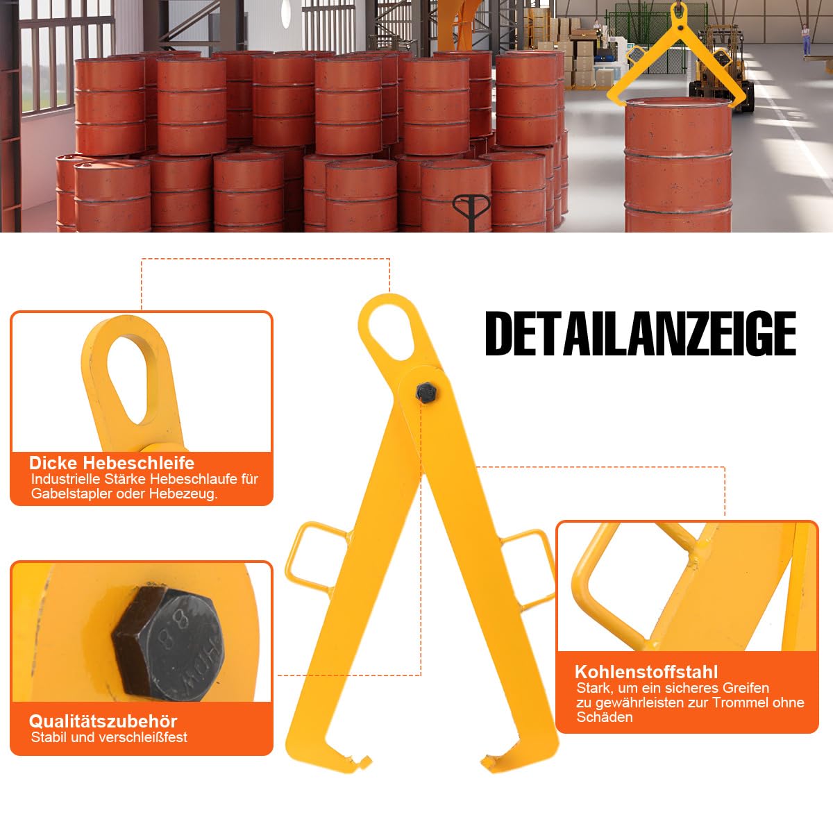 Fasskralle Kran Ölfass Hebezange Ölfass-Hebeklemme Fassheber Faßkralle Fassgreifer Fasswender Legierter Stahl Fasshebekralle Greifarm Heber Kralle vertikal 600kg Gelb