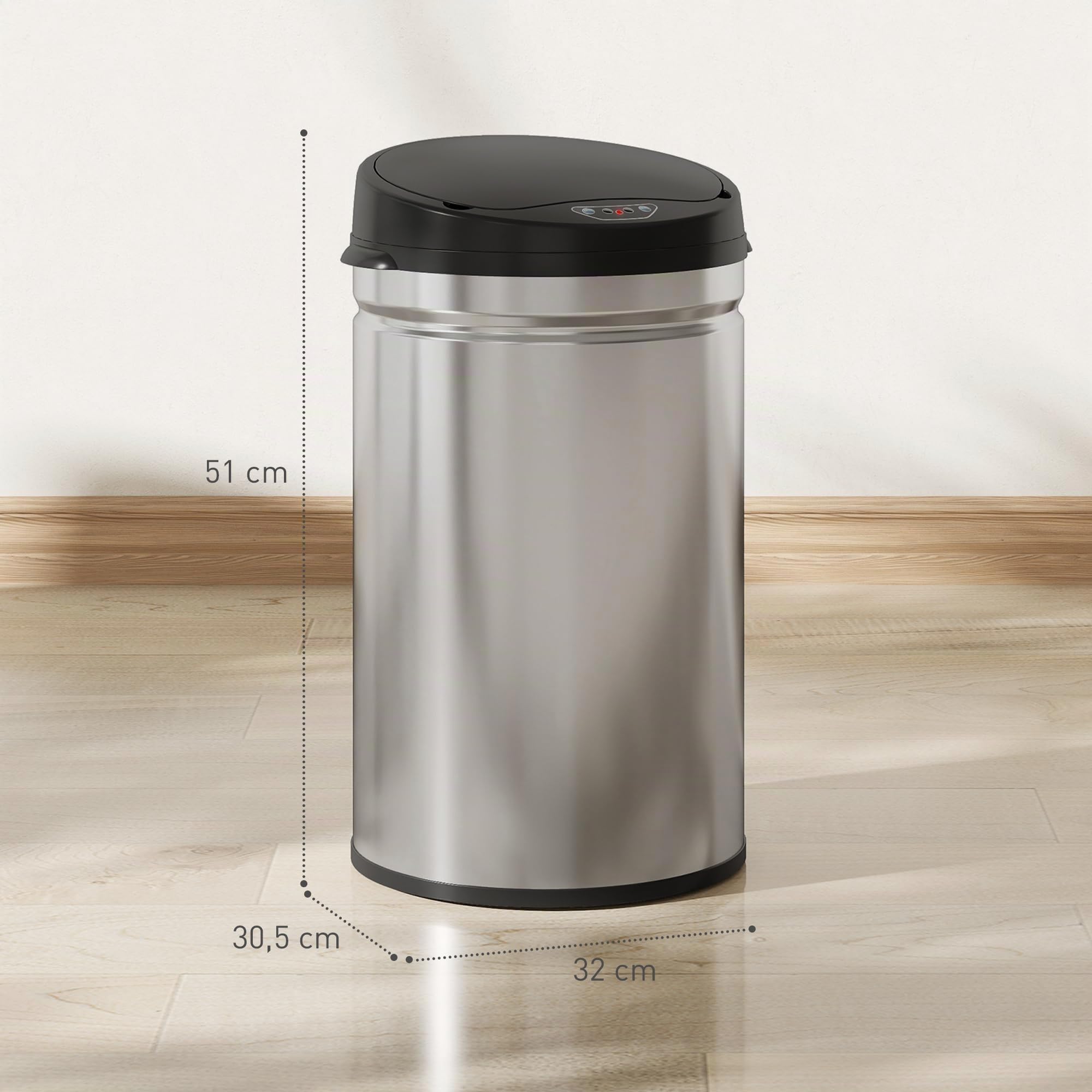 HOMCOM Secchio sensore 30L Acciaio inox Automatico Argento Silenzioso | Coperchio a chiusura morbida, sensore di movimento, cestino antimpronta per ufficio, camera da letto, cucina.