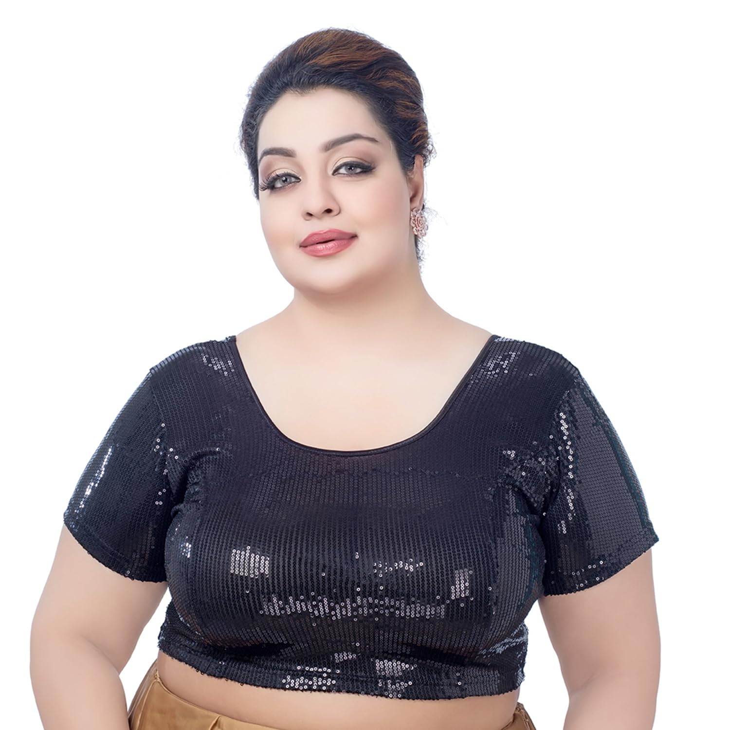 Neckbook Silk Sequinned Princess Cut Short Sleeves Plus Size Readymade Saree Blouse for Womens Girls