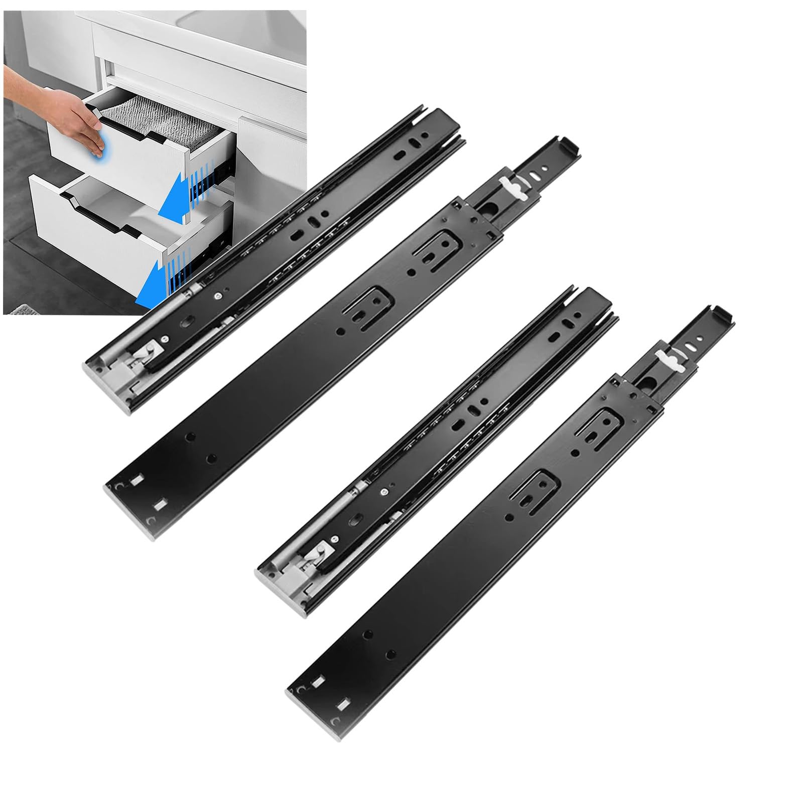 2 Pairs(4pcs) Push to Open Drawer Runner,18" Full Extension Cabinet Slide,100lb Load Capacity Side Mount Ball Bearing Kitchen Cabinet Slides Replacement Rails Guide Glides