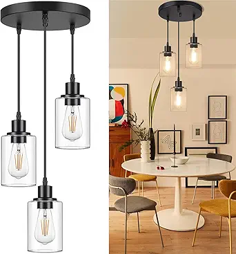 Industrial 3-Light Pendant Light, Adjustable Hanging Light Fixture with Clear Glass Shade, Mini Pendant Lighting, Vintage Farmhouse Ceiling Lamp for Kitchen Dining Room E26 Base, Black