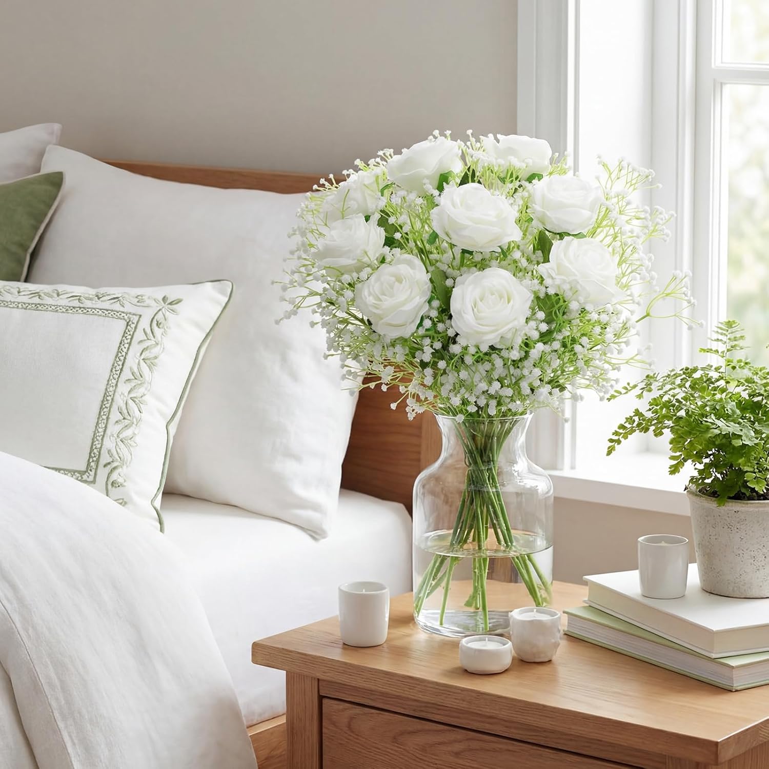 Janinka 48 Branches Baby's Breath Artificial Flowers Bulk Include Fake Roses Tulip DIY Wedding Bouquet Realistic Faux Silk Flowers for Home Wedding Valentine's Day (White,Roses and Baby's Breath) - Image 5