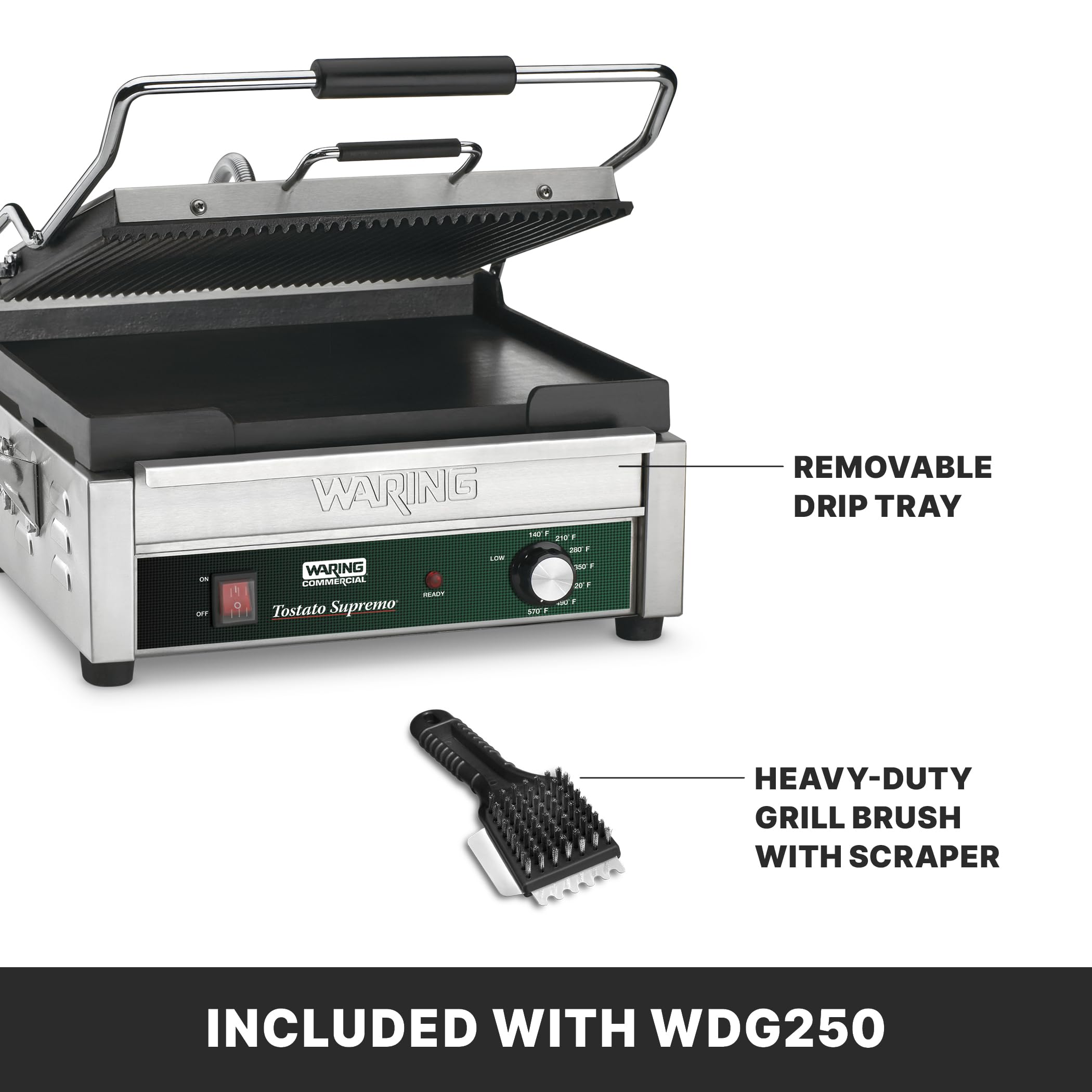 Waring Panini Press with 14.5 x 11 Cooking Surface & Ribbed & Flat Plates | Ribbed & Flat Cast Iron Plates 14.5 x 11 Cooking Surface 570F Adjustable Thermostat 120V product thumbnail 6